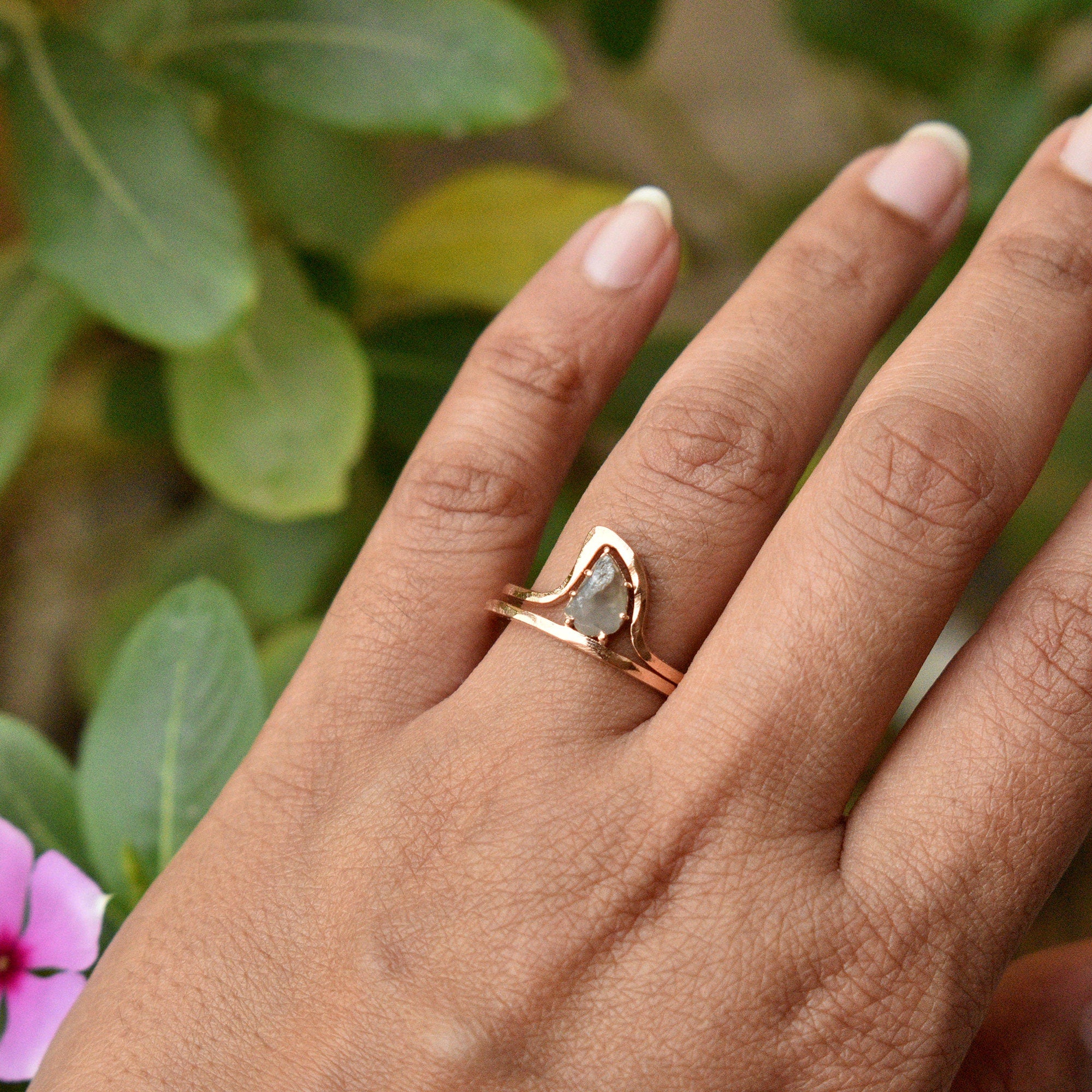 Gray Rough Natural Diamond Wave Ring Set