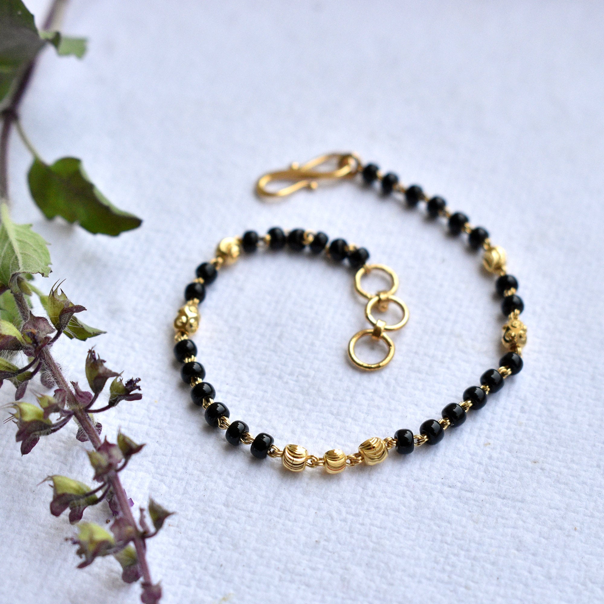 18K Yellow Gold Double Strand Black Bead Mangalsutra Bracelet