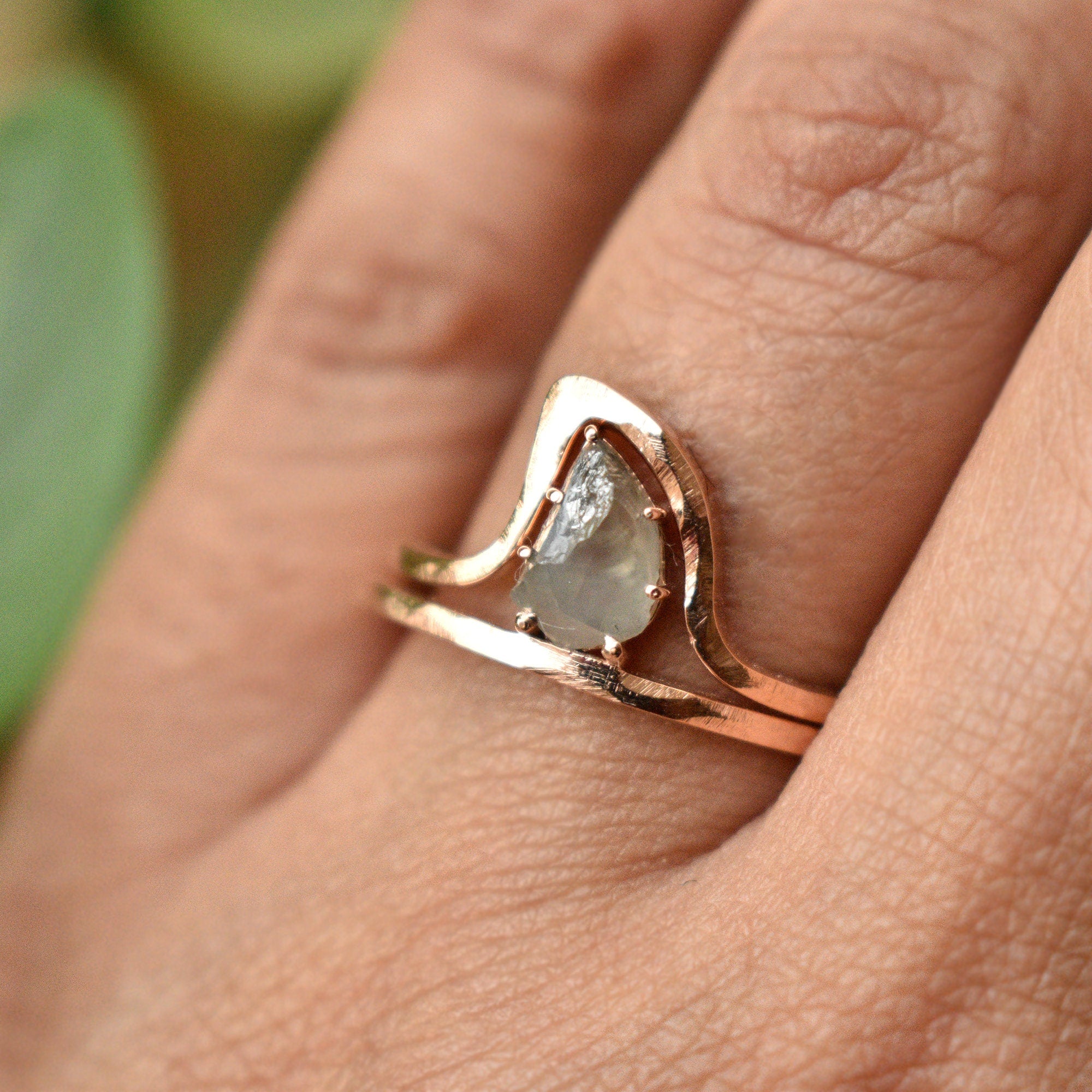 Gray Rough Natural Diamond Wave Ring Set