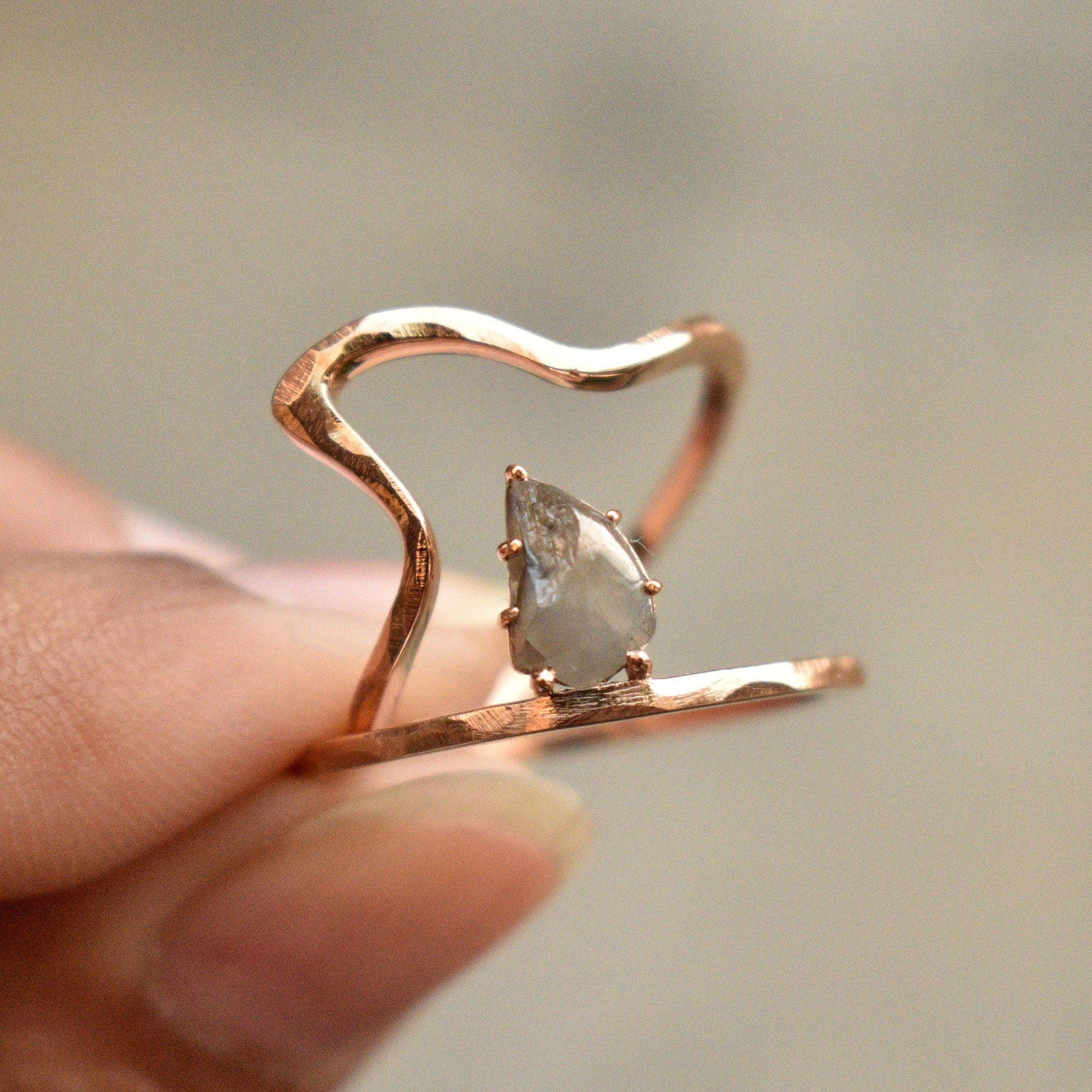 Gray Rough Natural Diamond Wave Ring Set