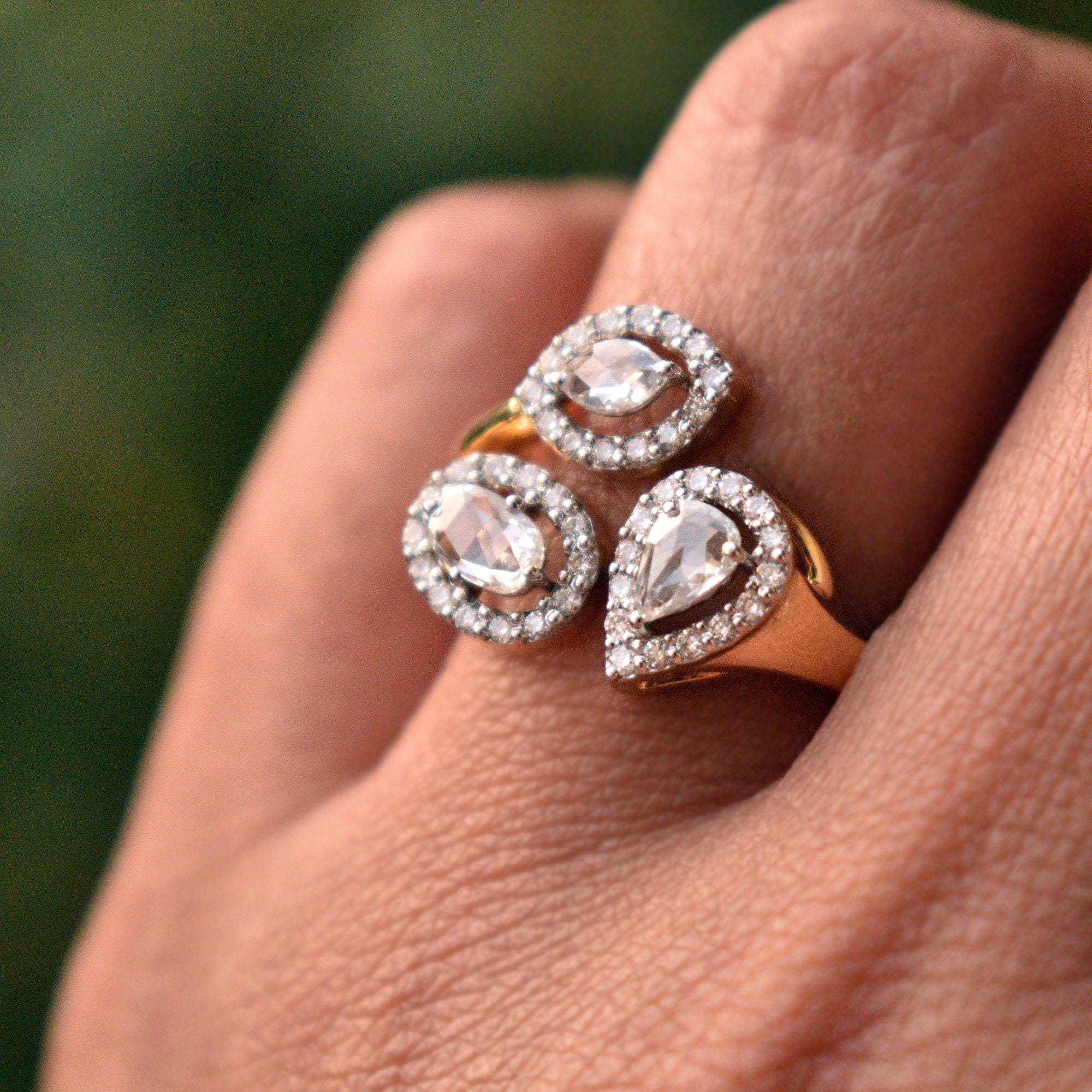 Asymmetric 3 Diamond Halo Ring, 18k Yellow Gold US 7 READY to SHIP