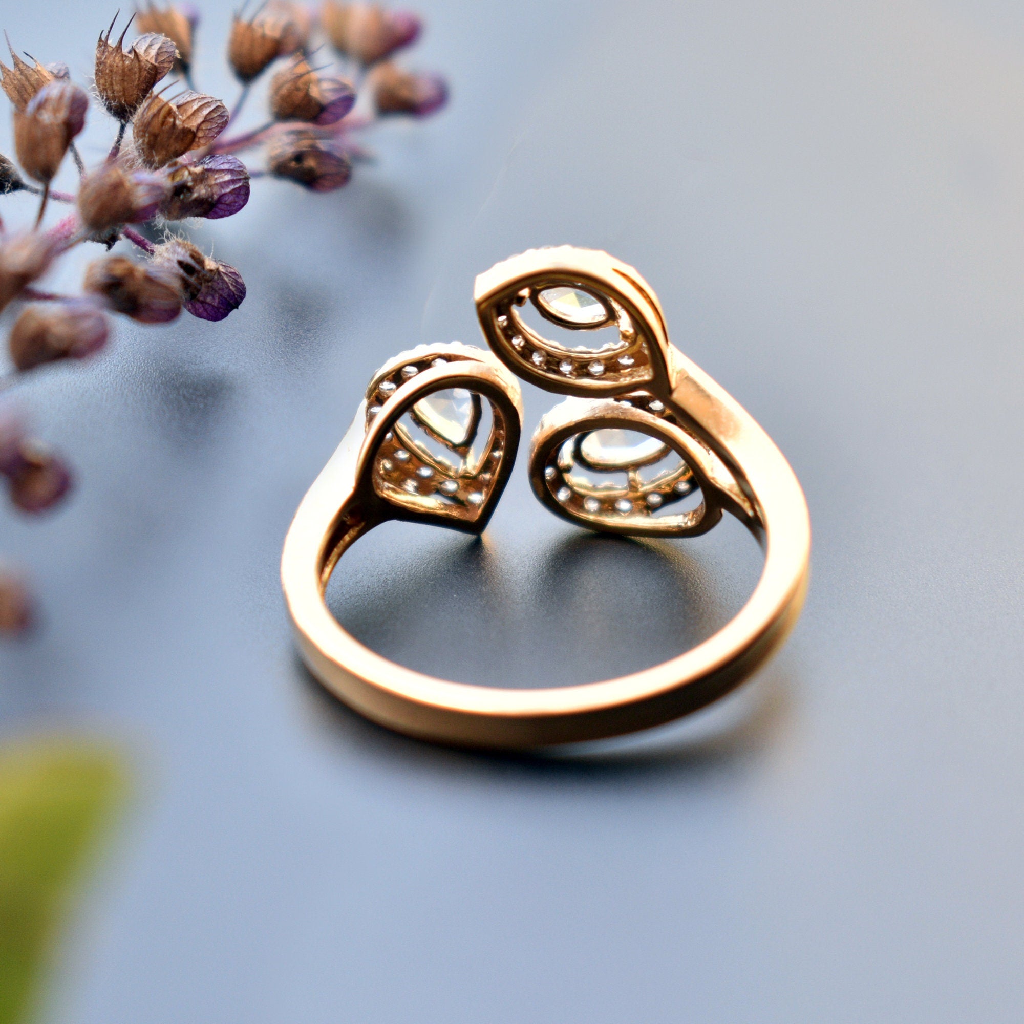 Asymmetric 3 Diamond Halo Ring, 18k Yellow Gold US 7 READY to SHIP