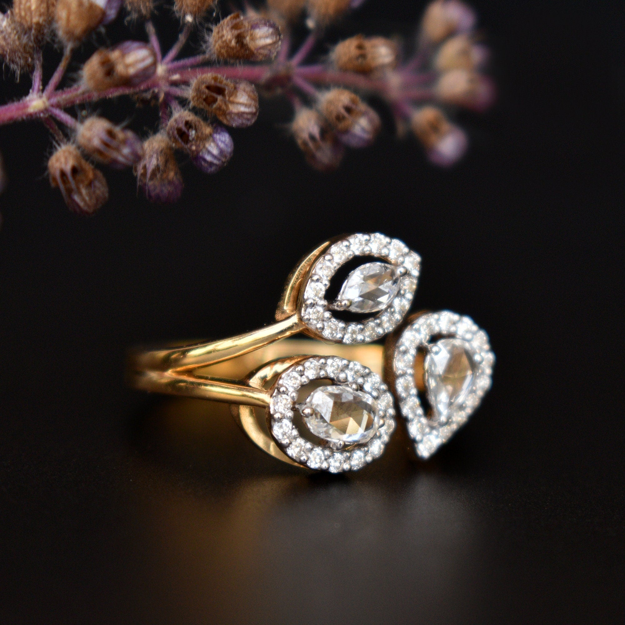 Asymmetric 3 Diamond Halo Ring, 18k Yellow Gold US 7 READY to SHIP