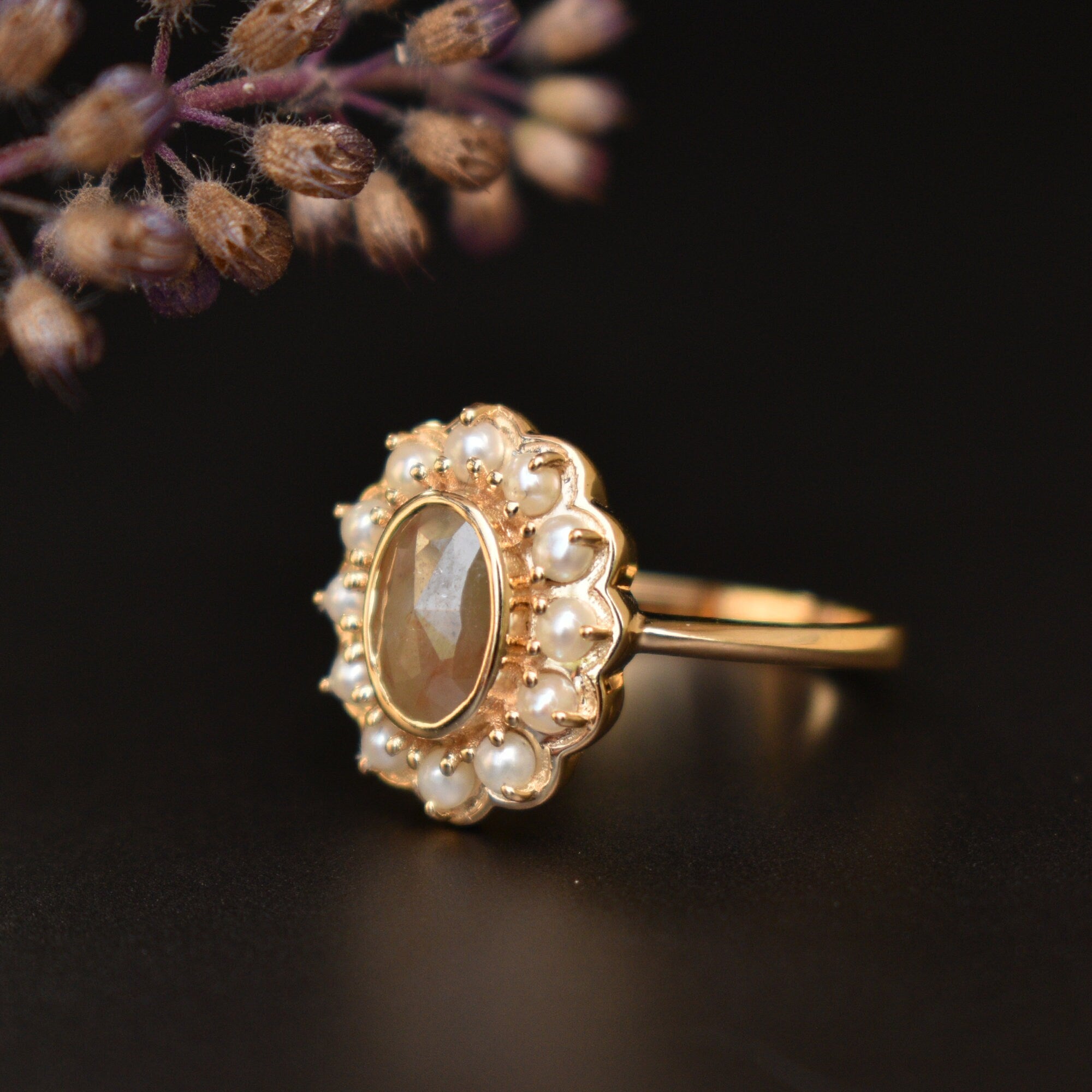 Oval Brown Diamond Ring with Pearl Halo