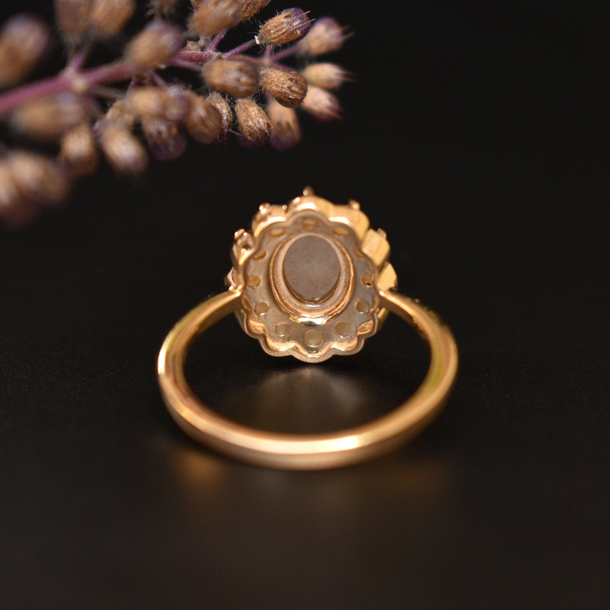 Oval Brown Diamond Ring with Pearl Halo