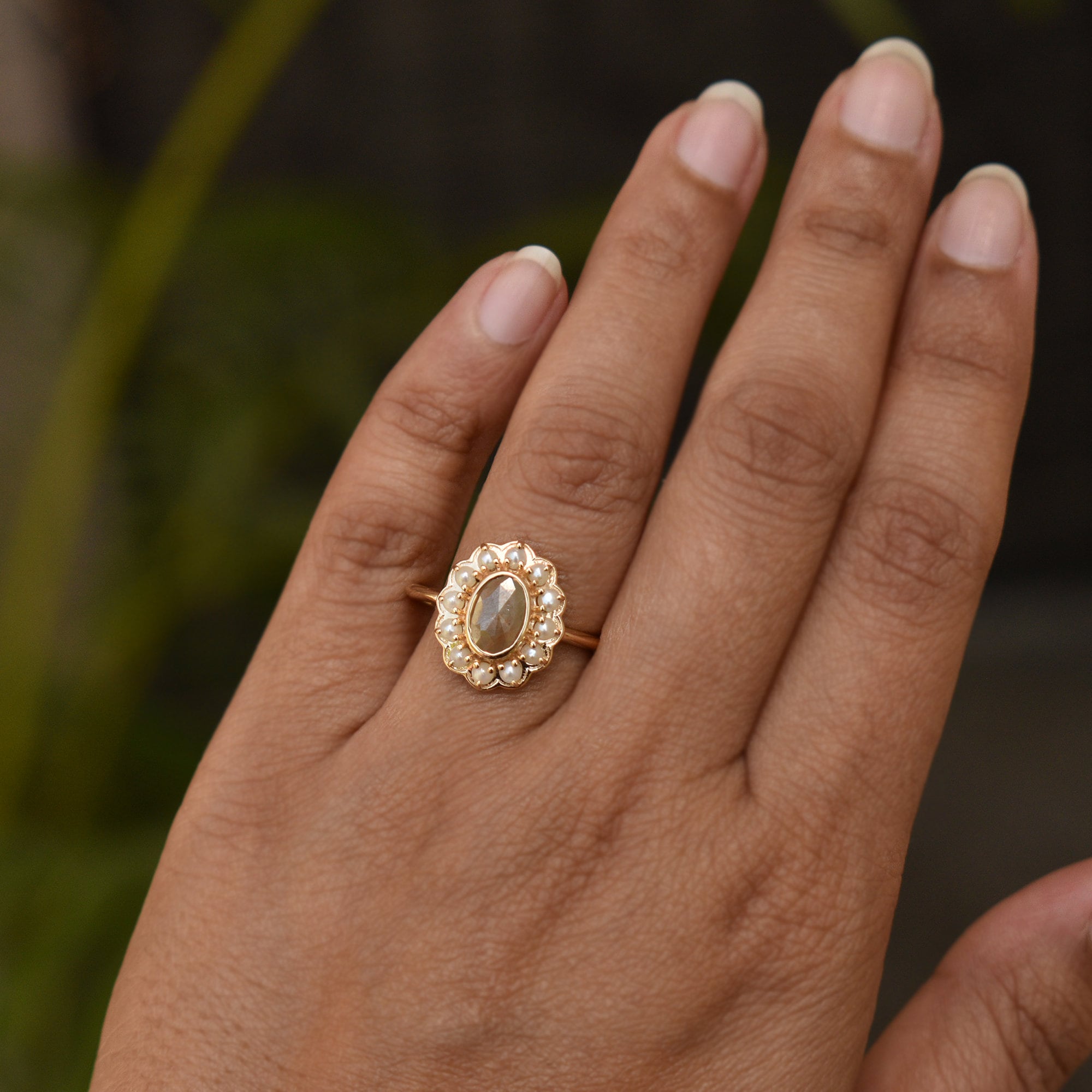 Oval Brown Diamond Ring with Pearl Halo