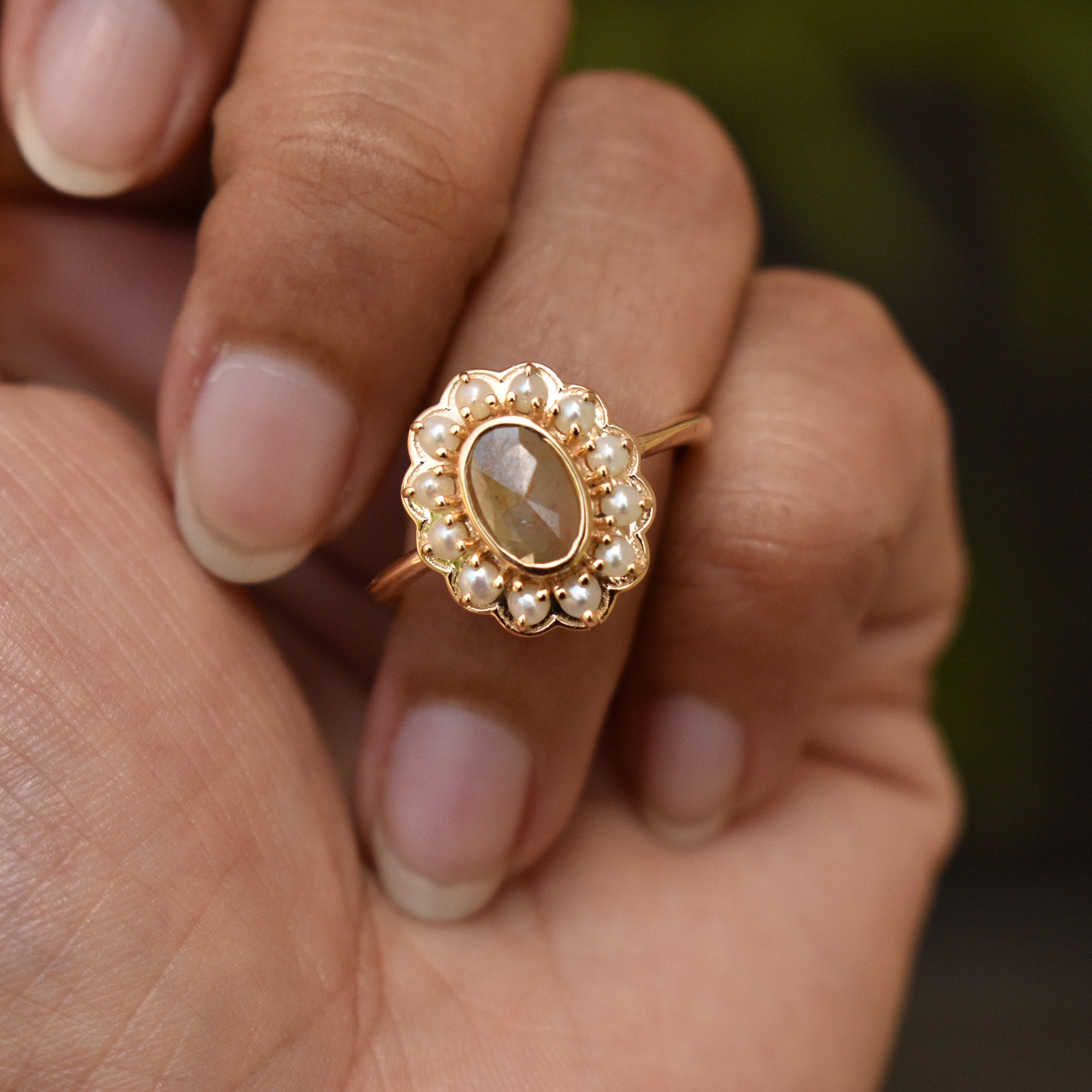 Oval Brown Diamond Ring with Pearl Halo