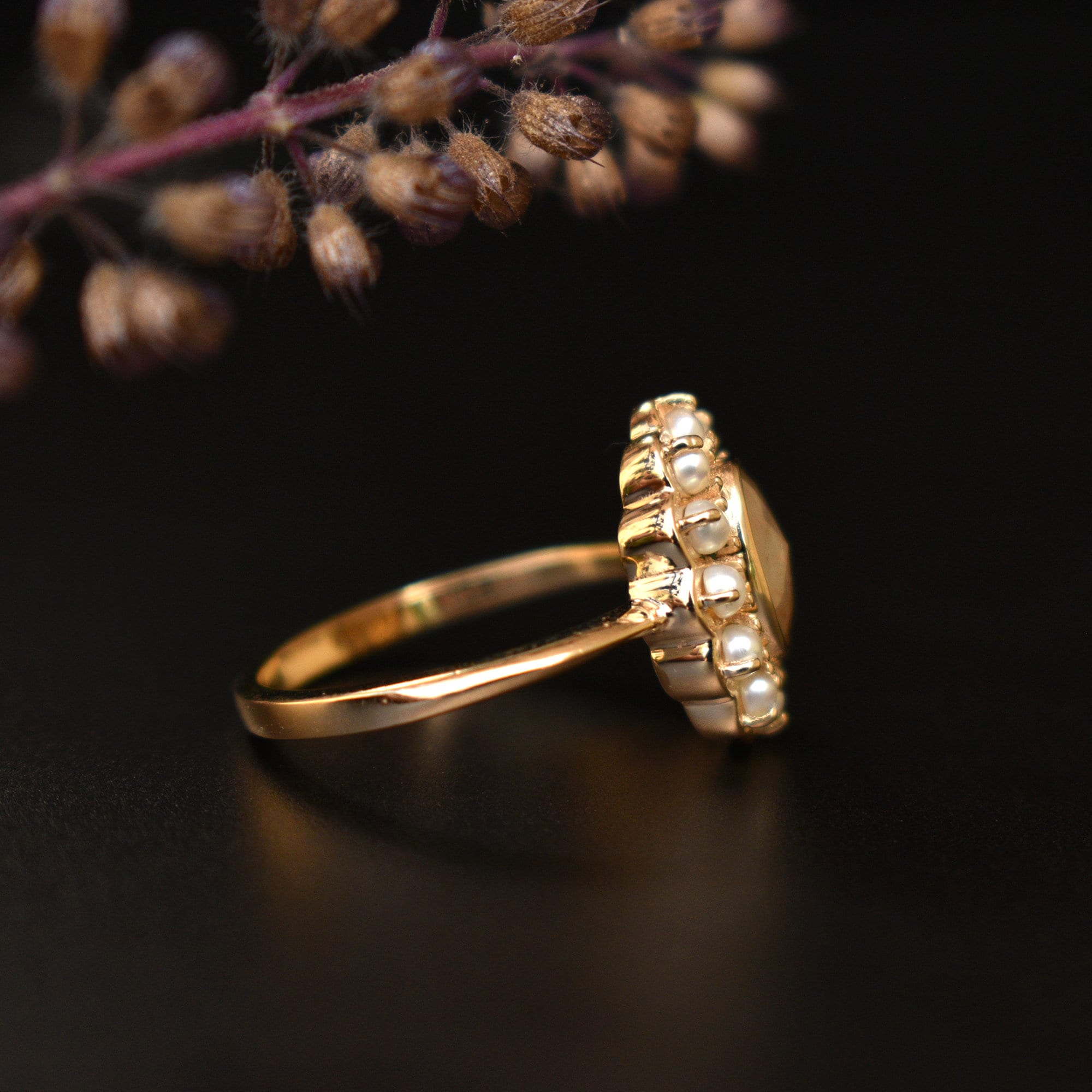 Oval Brown Diamond Ring with Pearl Halo