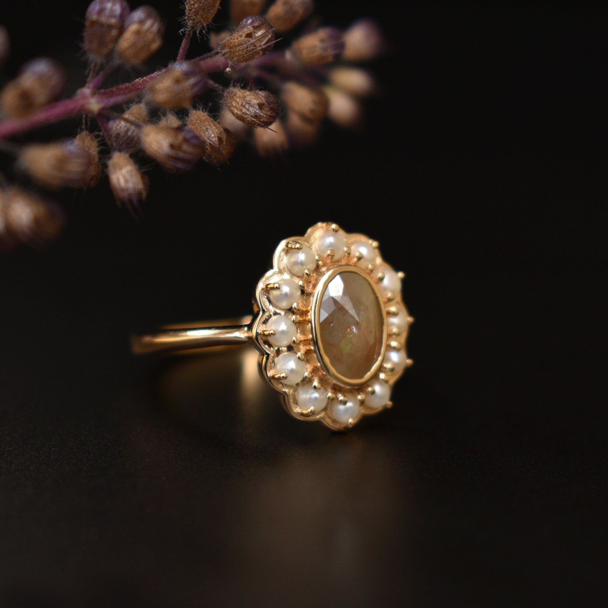 Oval Brown Diamond Ring with Pearl Halo