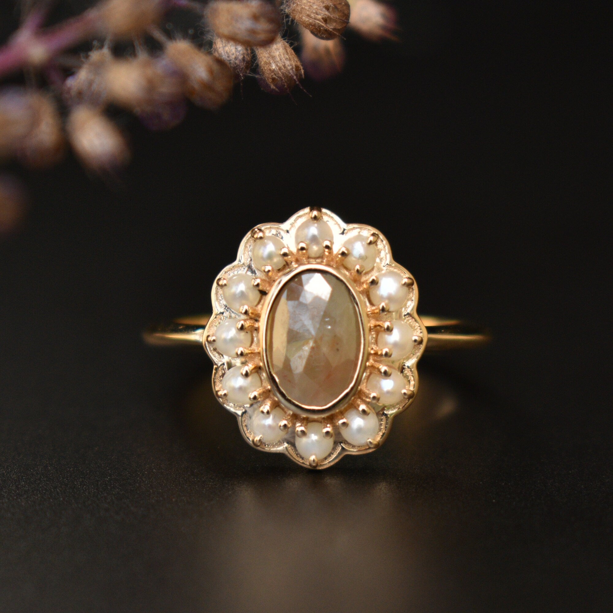 Oval Brown Diamond Ring with Pearl Halo