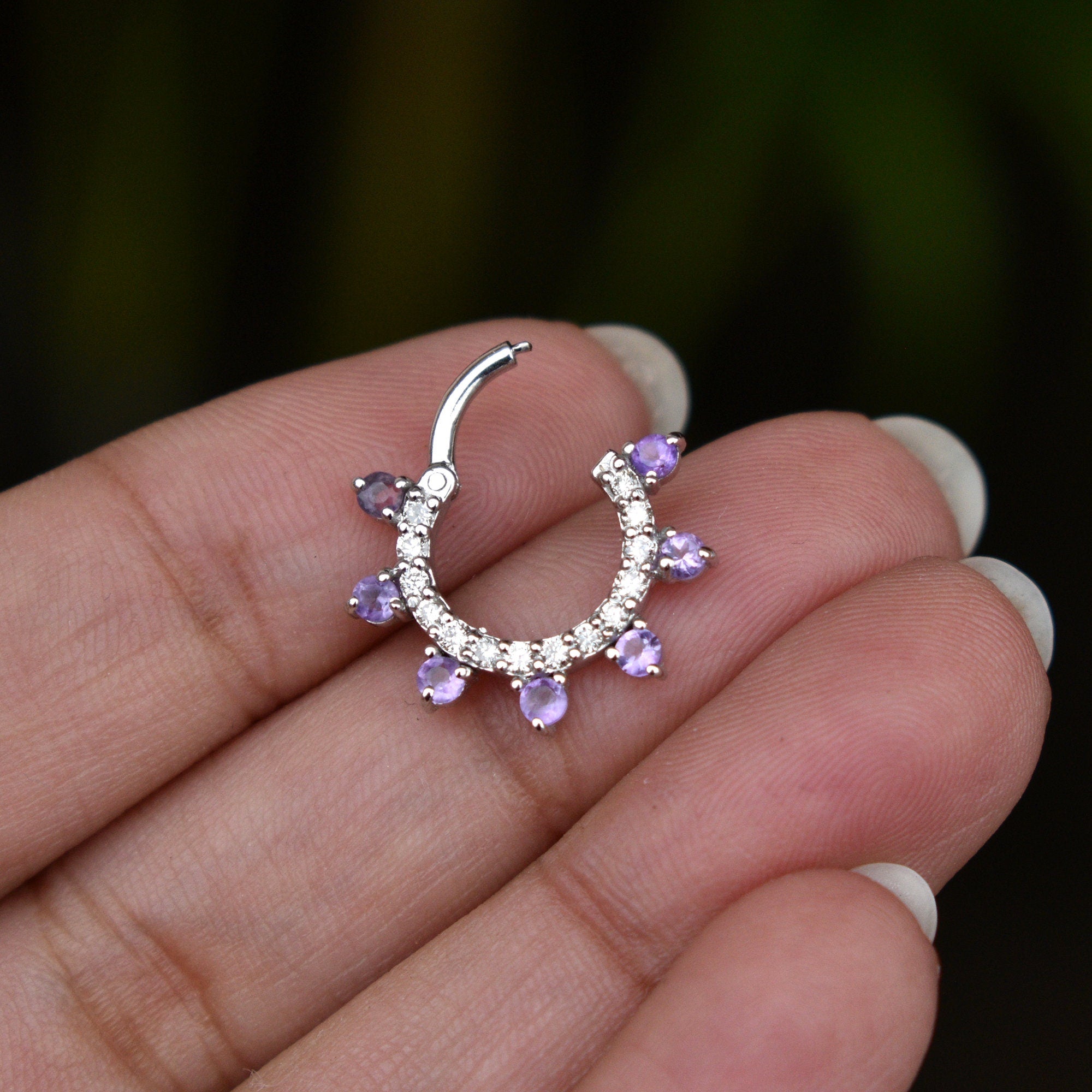 Natural Amethyst & Diamond Daith Septum Clicker 6-12mm
