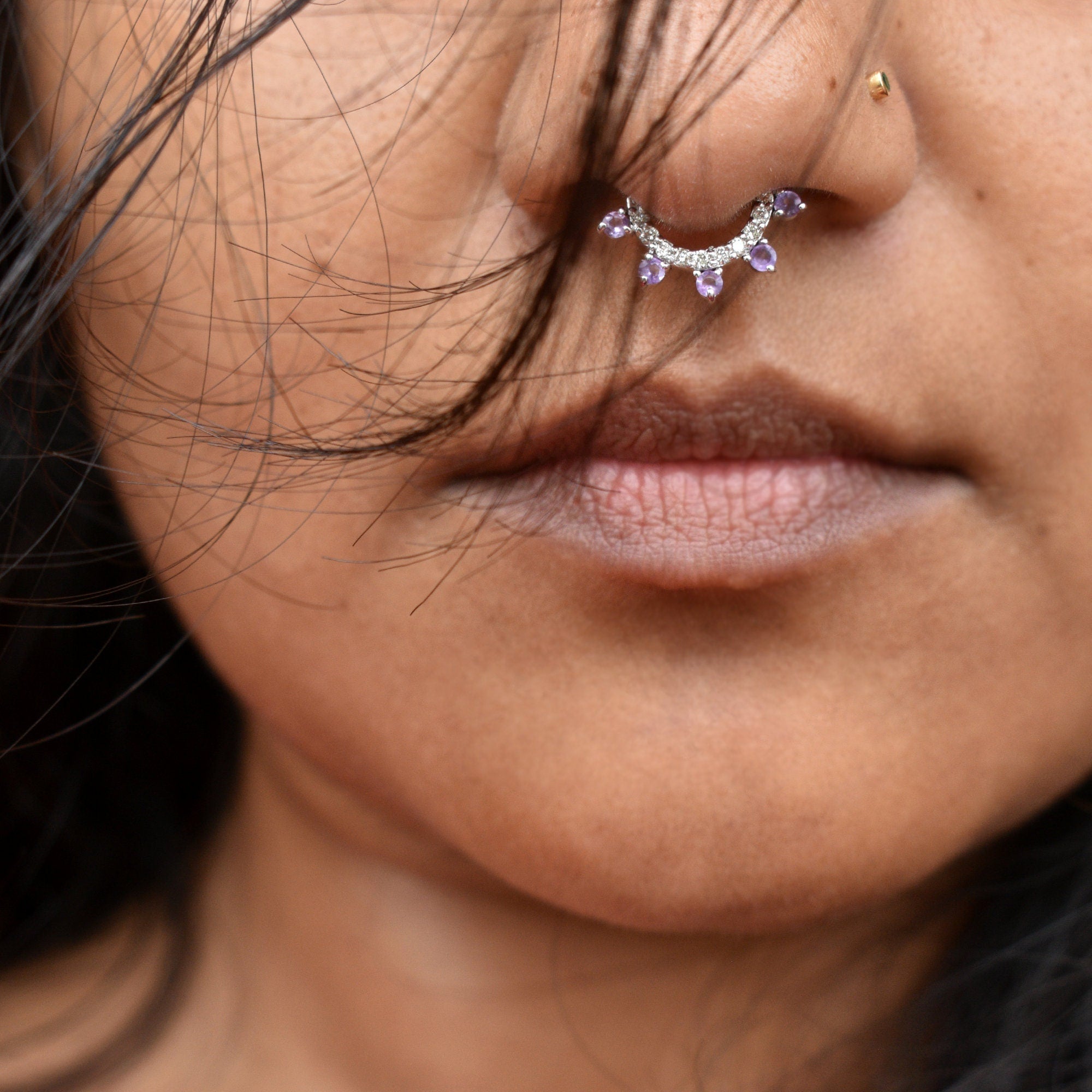 Natural Amethyst & Diamond Daith Septum Clicker 6-12mm