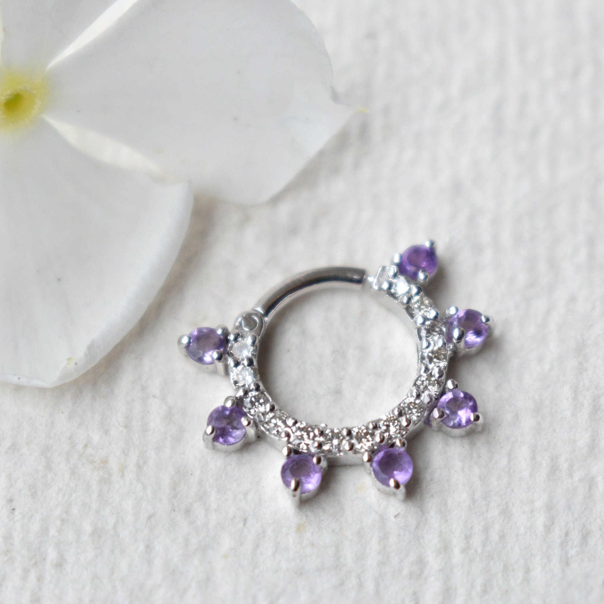 Natural Amethyst & Diamond Daith Septum Clicker, 6-12mm 14k 18k Solid Gold Hoop Earring, February Gemstone, 14g 16g 18g Piercing Jewlery