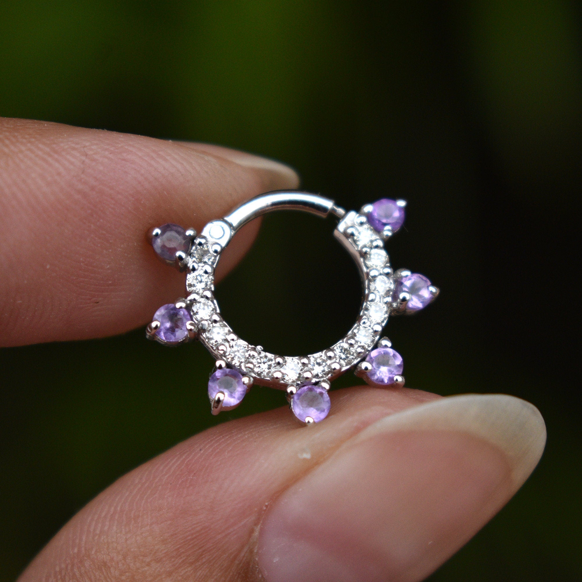 Natural Amethyst & Diamond Daith Septum Clicker 6-12mm