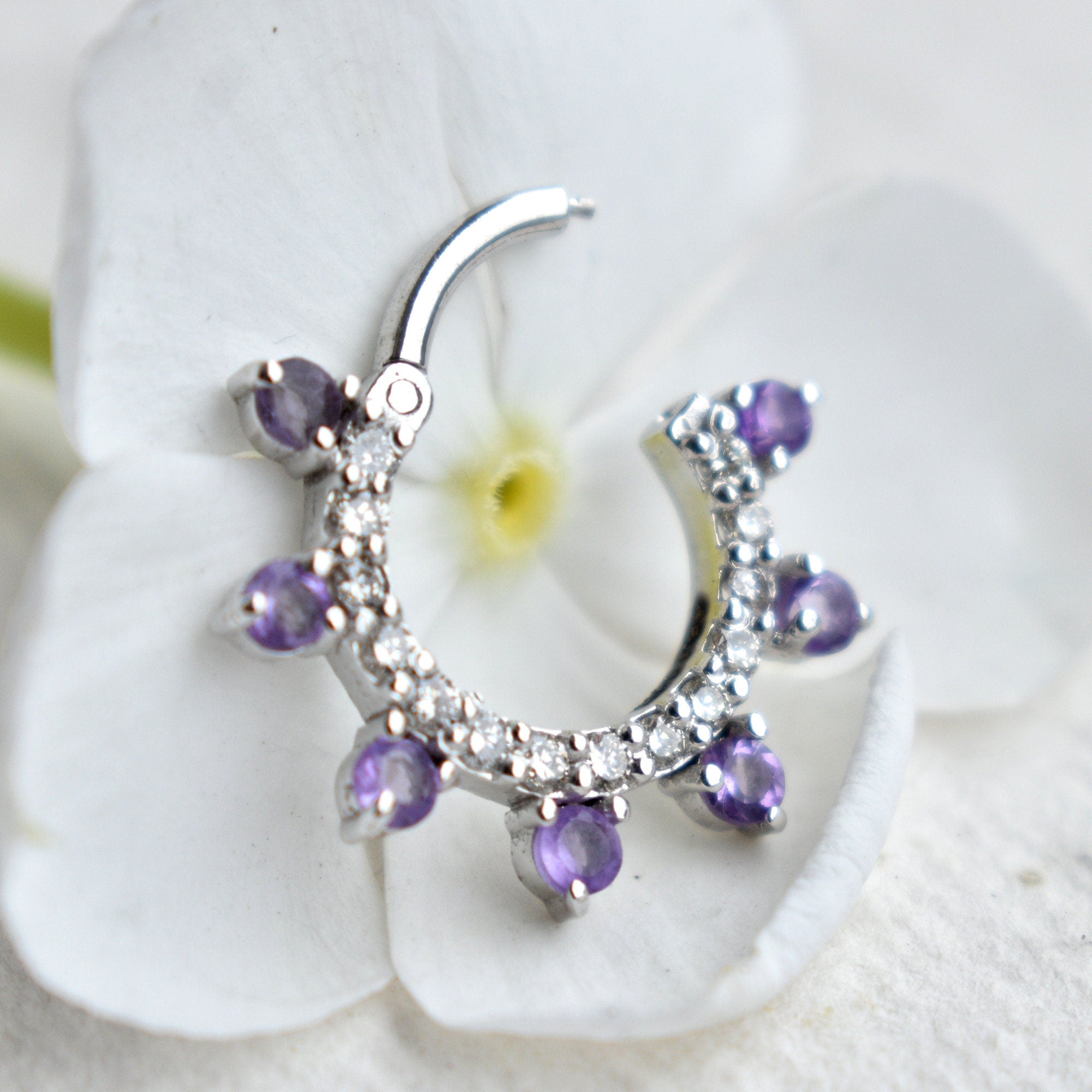 Natural Amethyst & Diamond Daith Septum Clicker 6-12mm