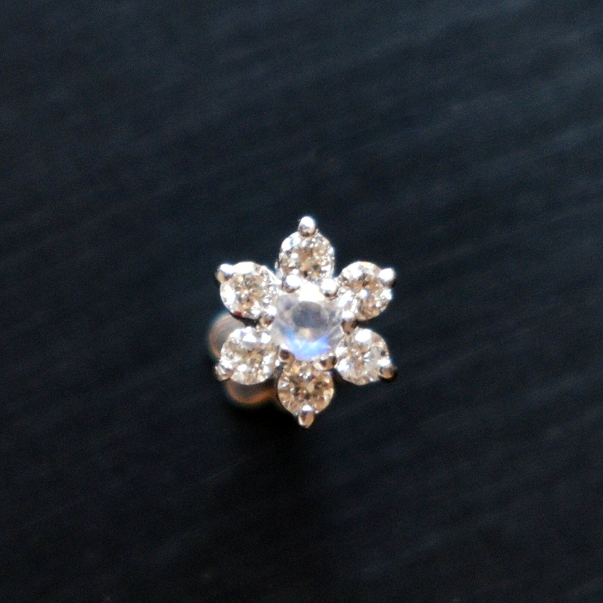 Genuine Moonstone and Diamond Cluster Stud, 14K 18K Gold Nose Ear Facial Floral Earring, 16g Flatback Piercing Jewelry, 7 Stone Setup Stud