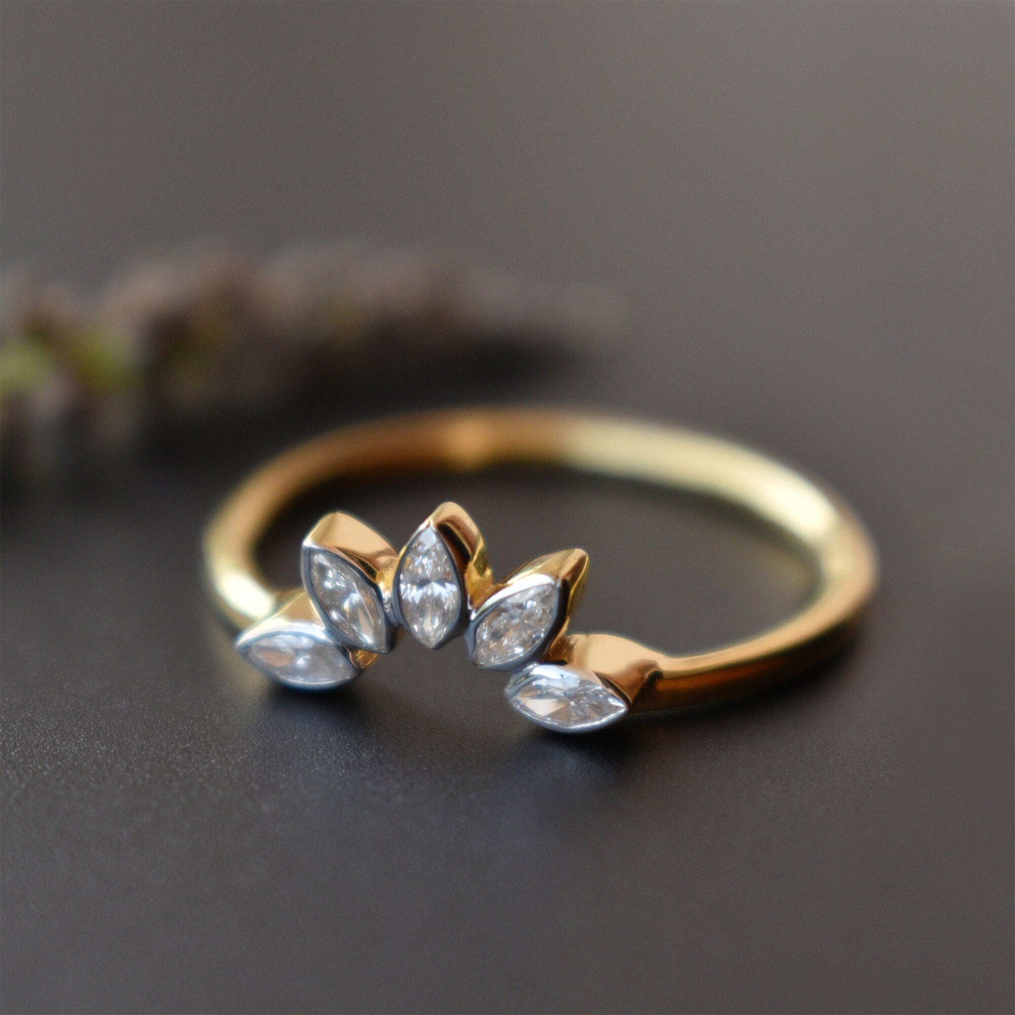 Bezel Set Marquise Diamond Curved Nesting Wedding Band