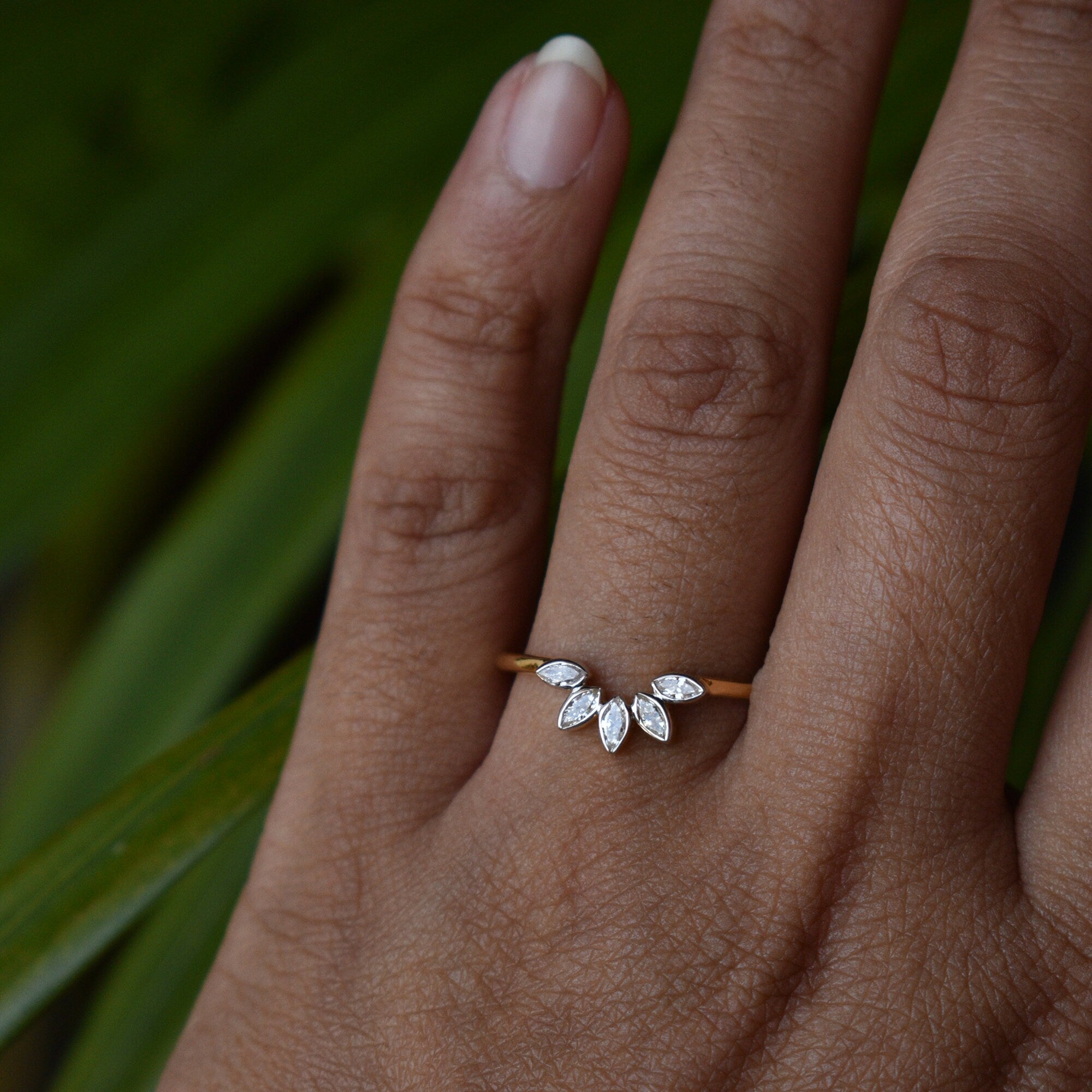 Bezel Set Marquise Diamond Curved Nesting Wedding Band