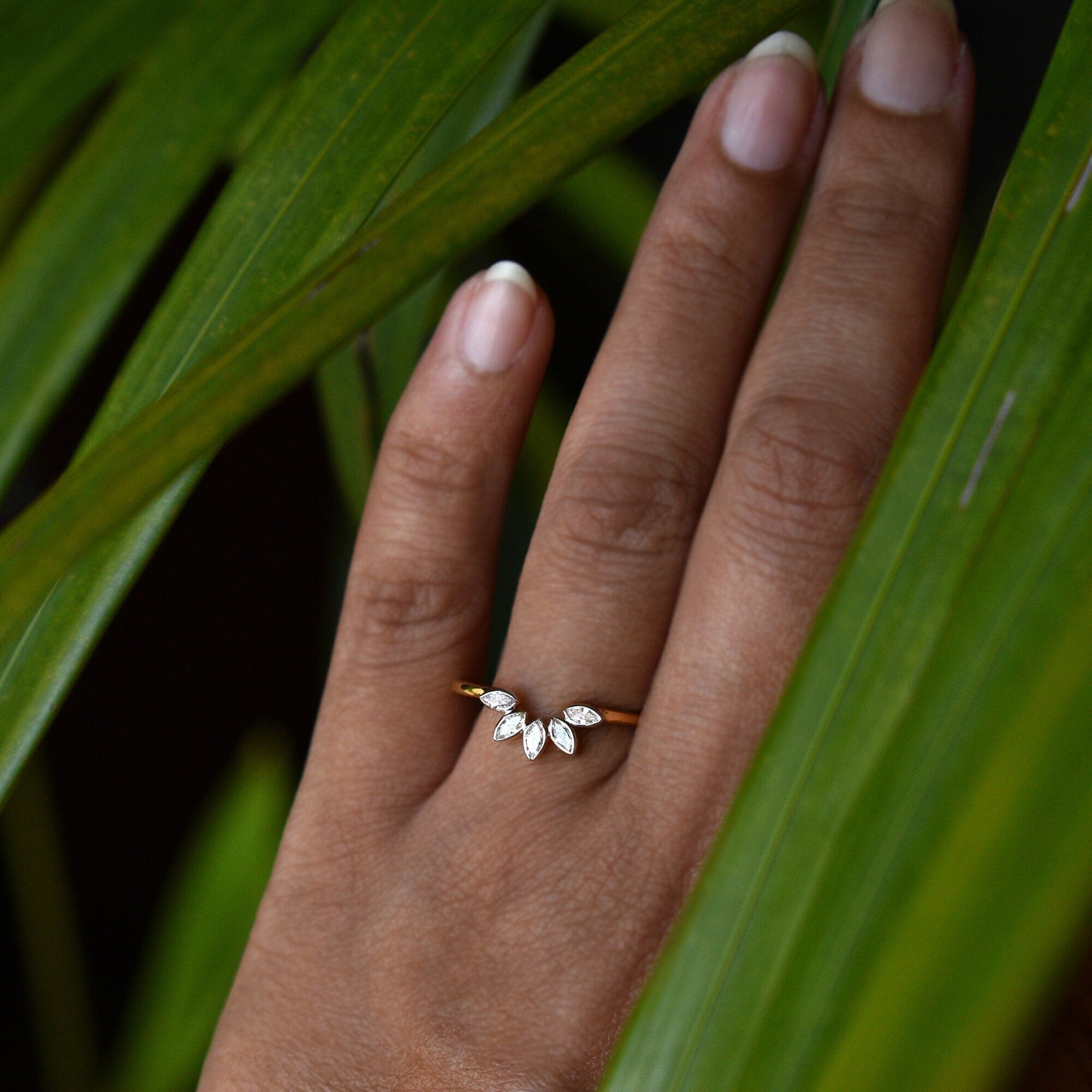 Bezel Set Marquise Diamond Curved Nesting Wedding Band