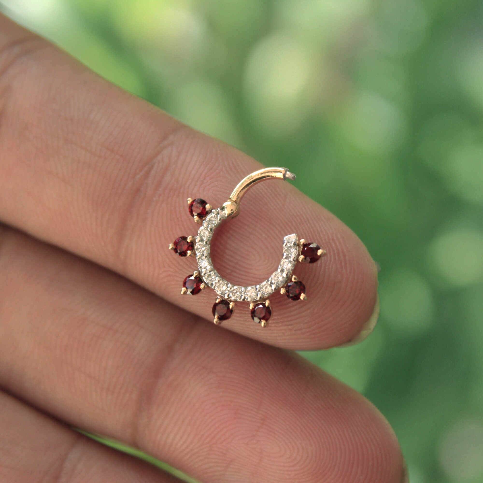 6mm-12mm Diamond & Garnet Daith Septum Hinged Clicker