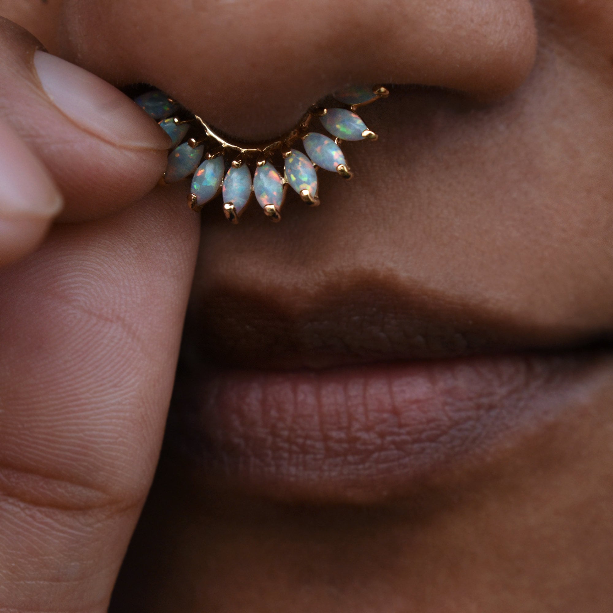Marquise Opal Daith Septum Clicker Ring, 14k 18k Solid Gold Hinged Hoop, 16g 18g Piercing Jewelry, Iridescent White Opal Clicker