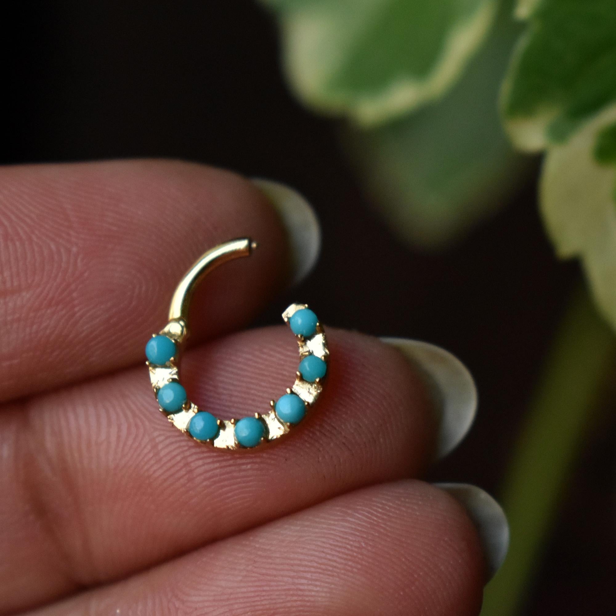Natural Turquoise Daith Septum Ring, 14k 18k Solid Gold Gemstone Nose Ring, December Birthstone Hinged Clicker, 16g 18g Piercing Jewelry
