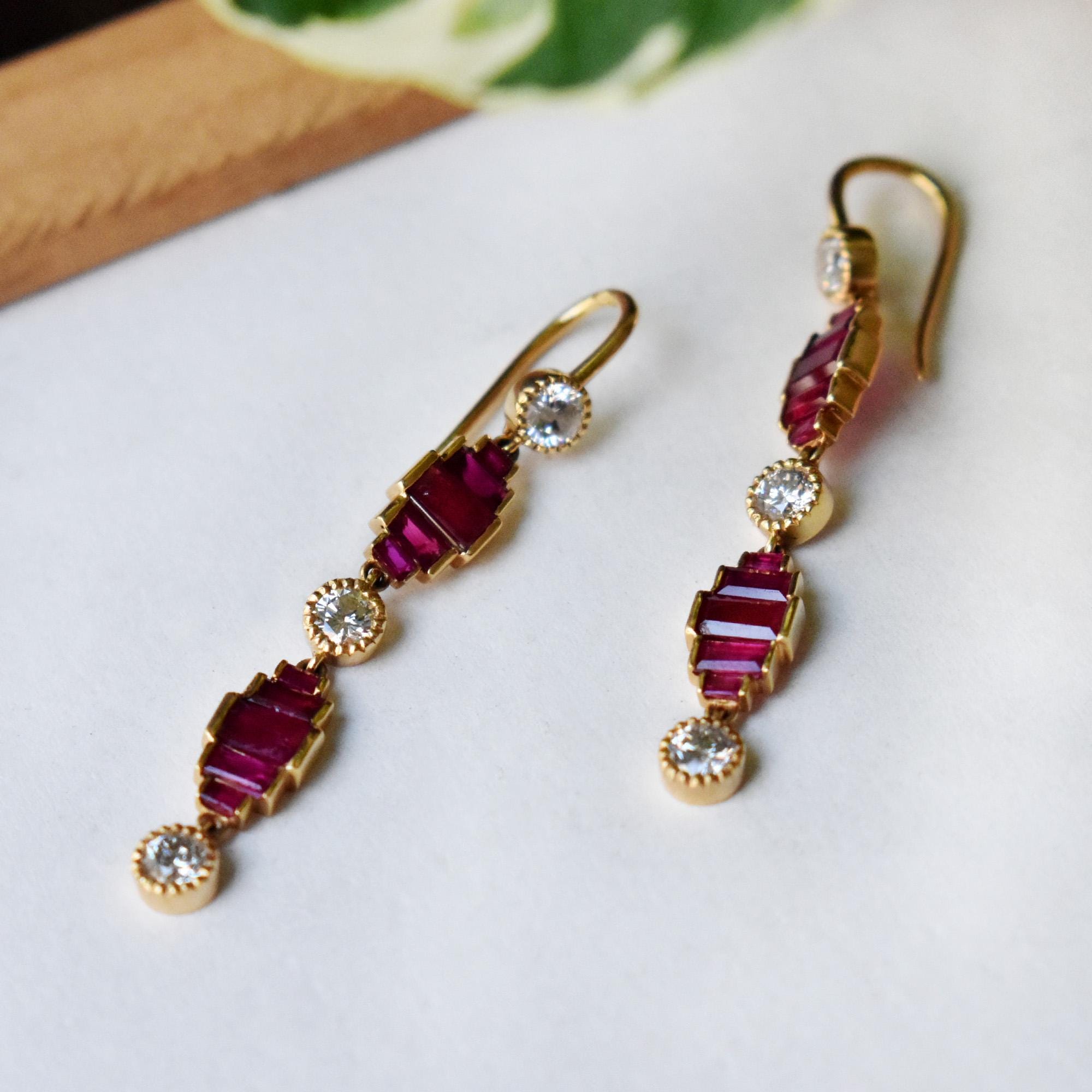 Natural Diamond & Ruby Long Dangle Earrings