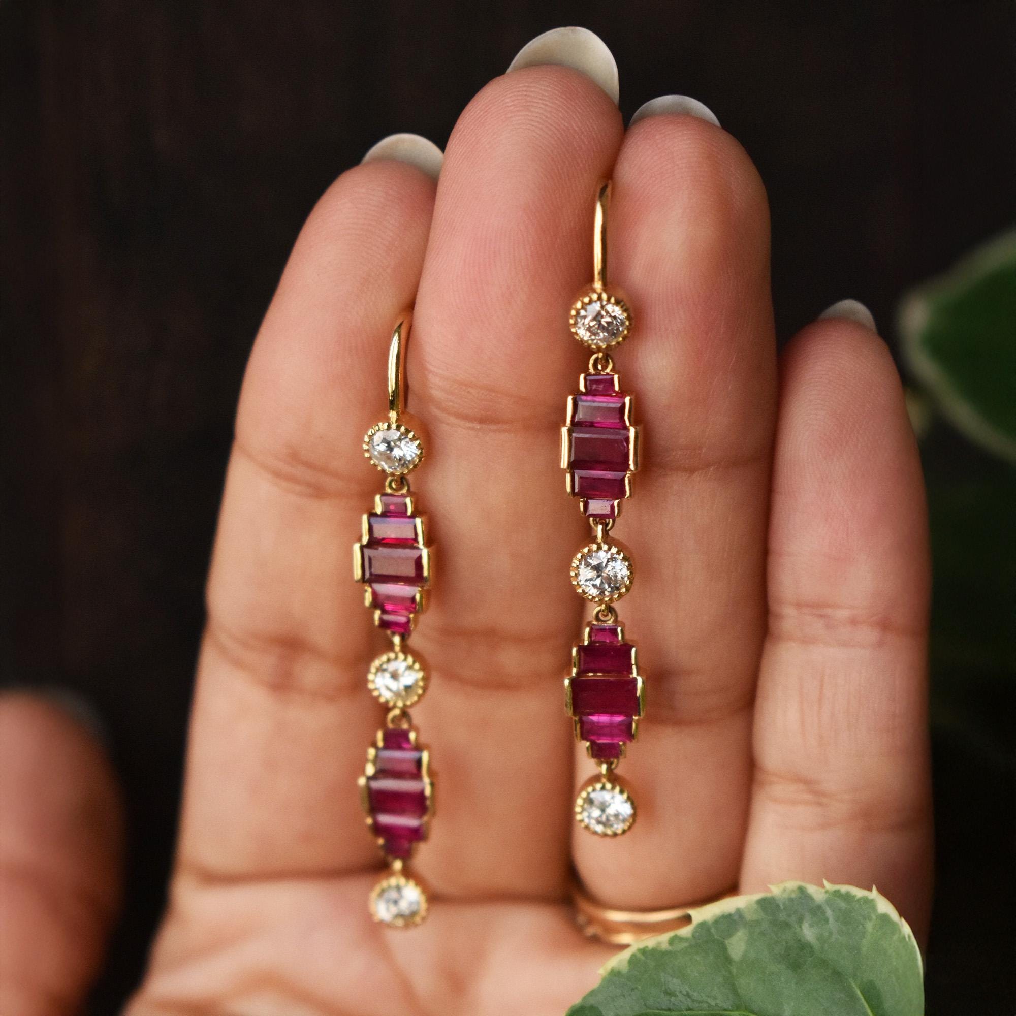Natural Diamond & Ruby Long Dangle Earrings