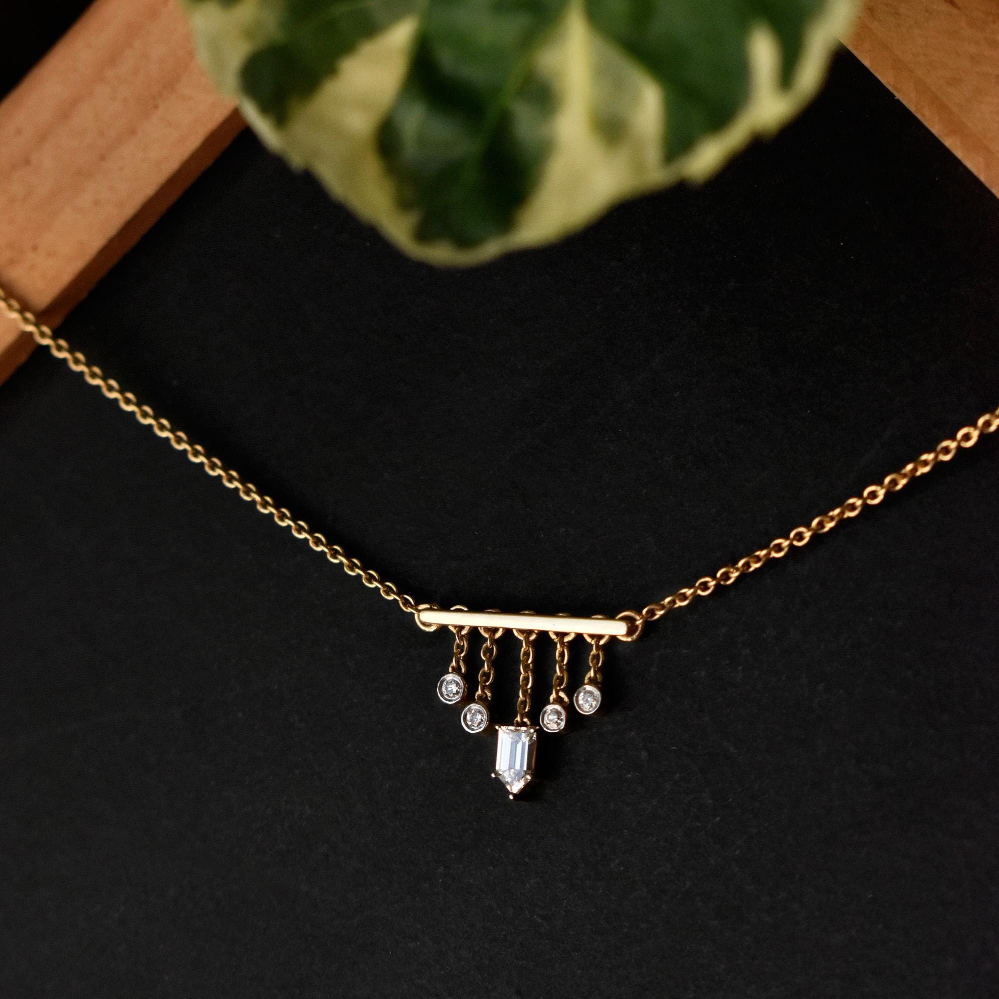 Bar Pendant Necklace with Dangling Diamonds