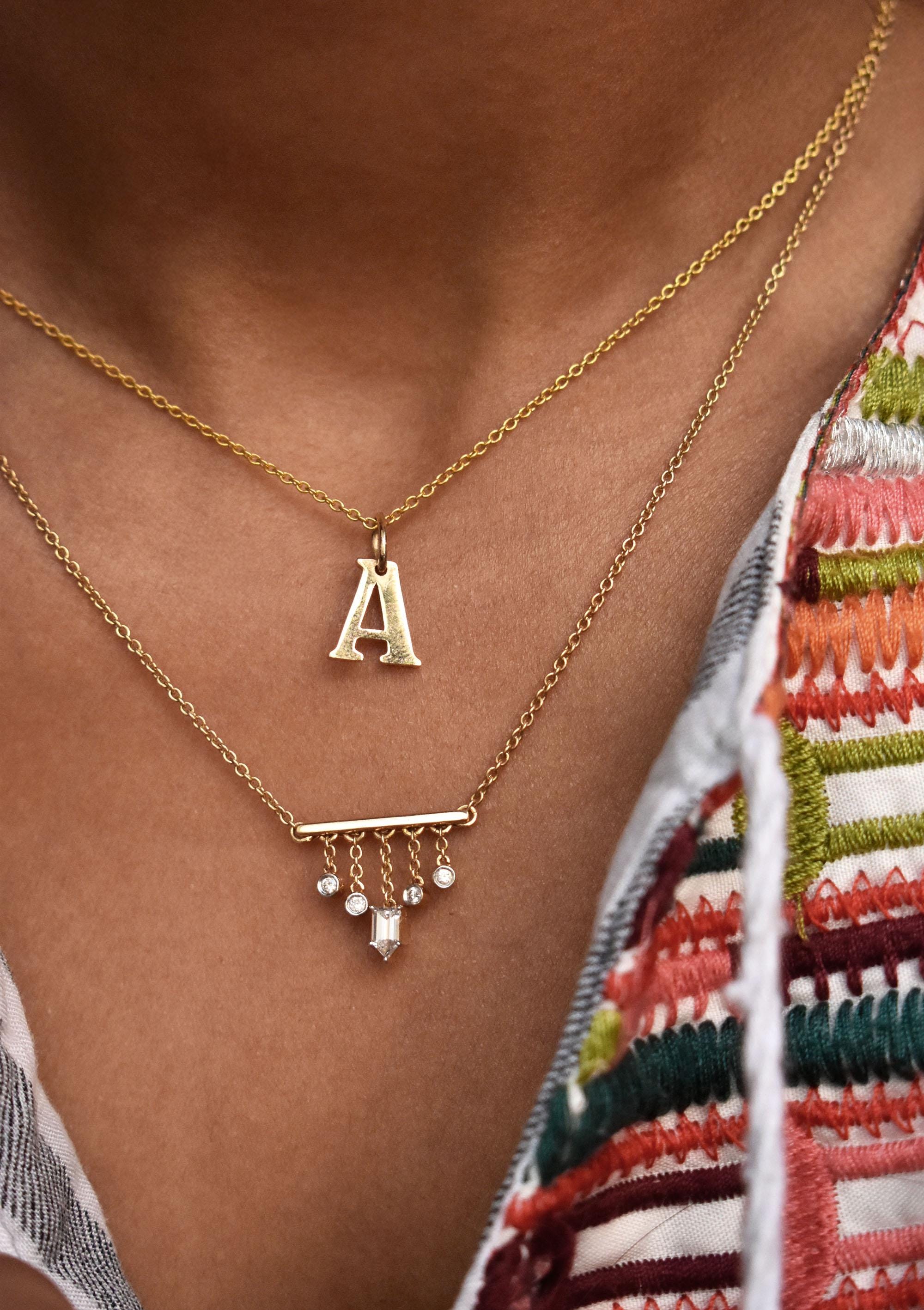 Bar Pendant Necklace with Dangling Diamonds