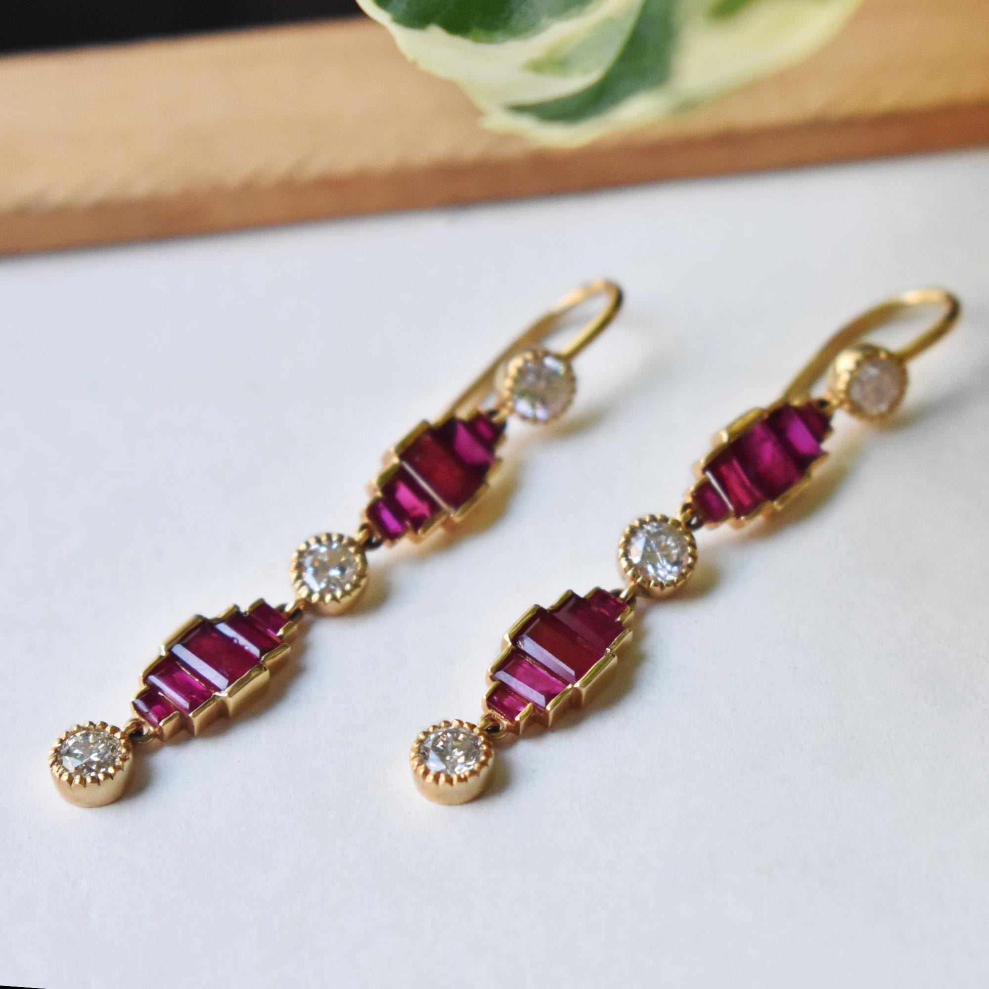 Natural Diamond & Ruby Long Dangle Earrings