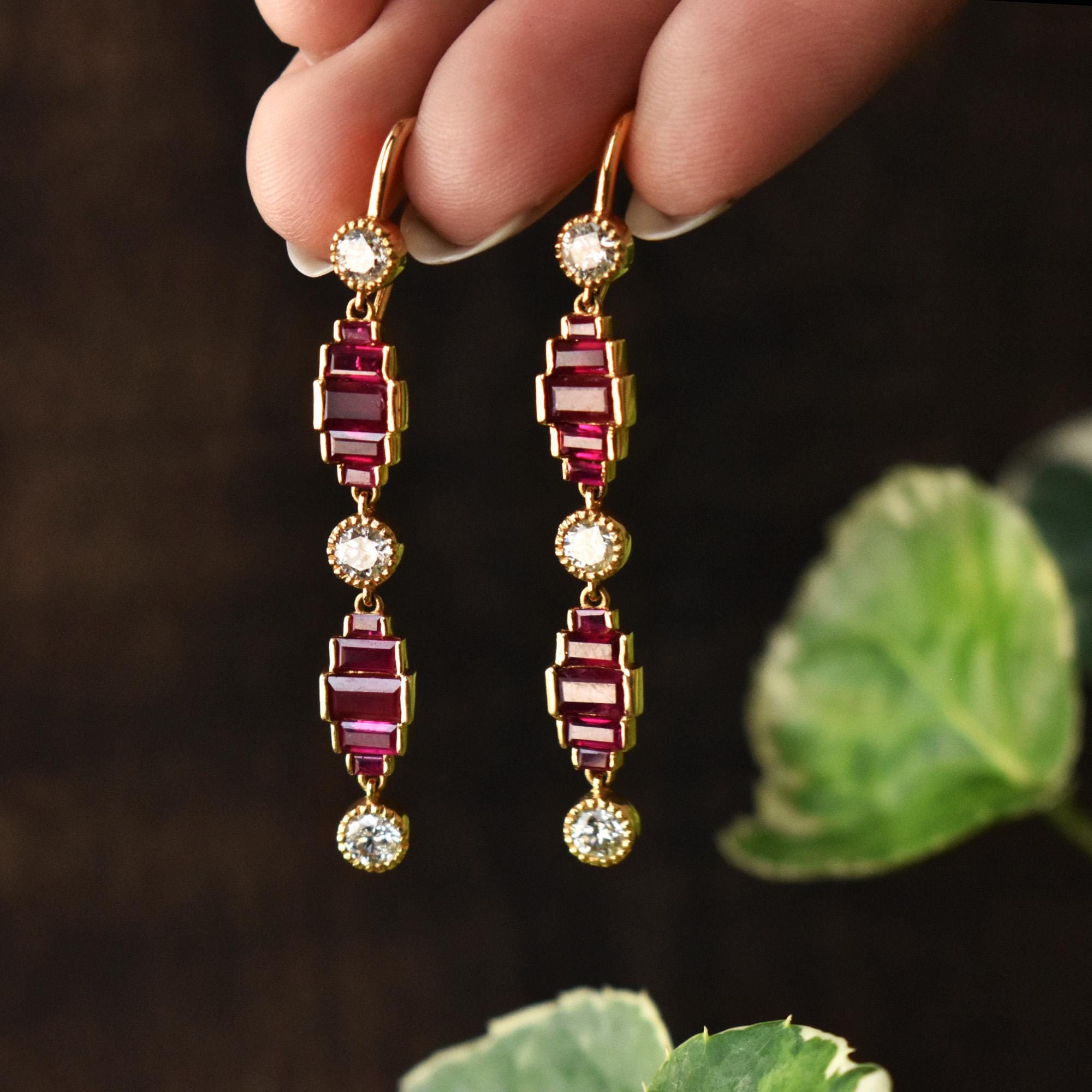 Natural Diamond & Ruby Long Dangle Earrings