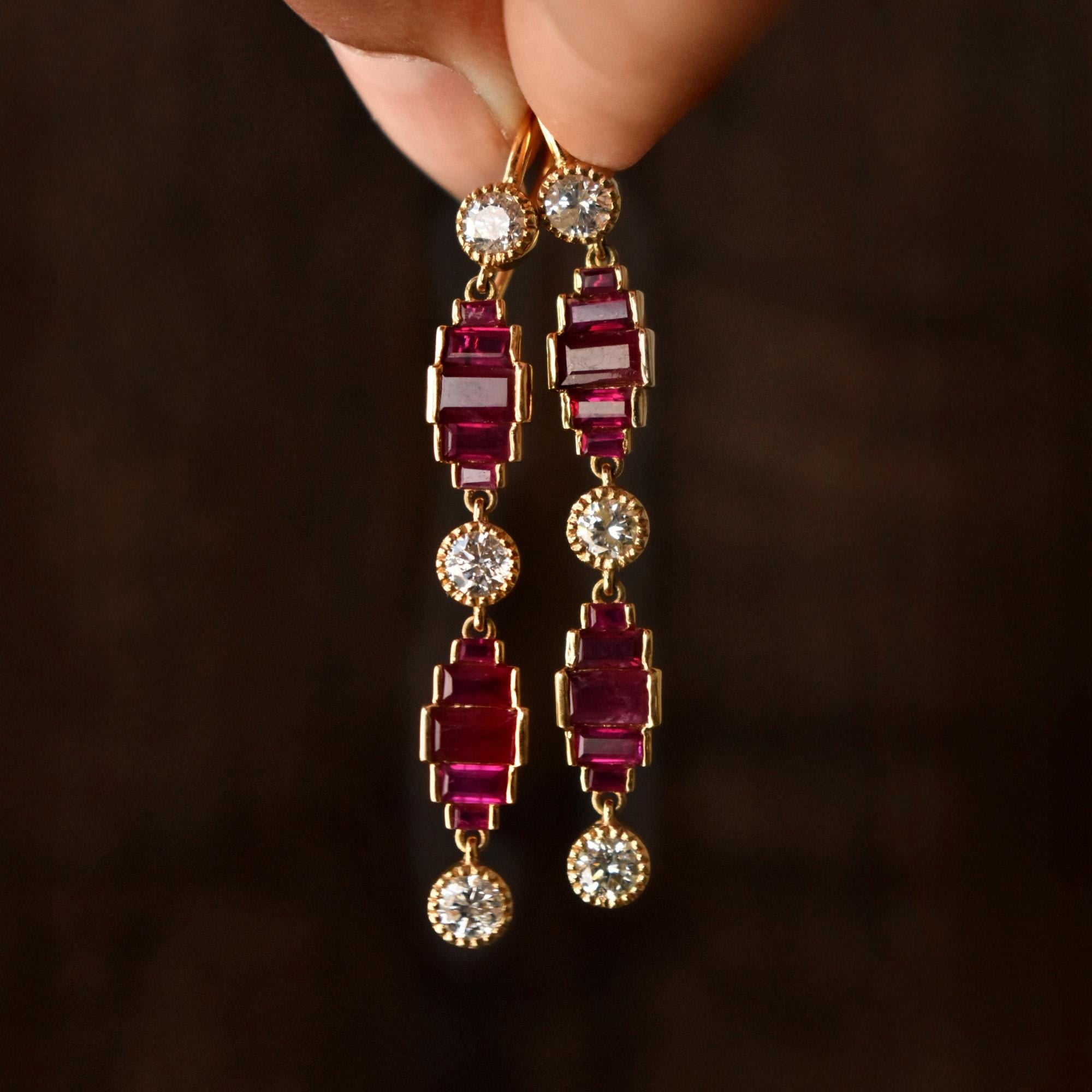 Natural Diamond & Ruby Long Dangle Earrings