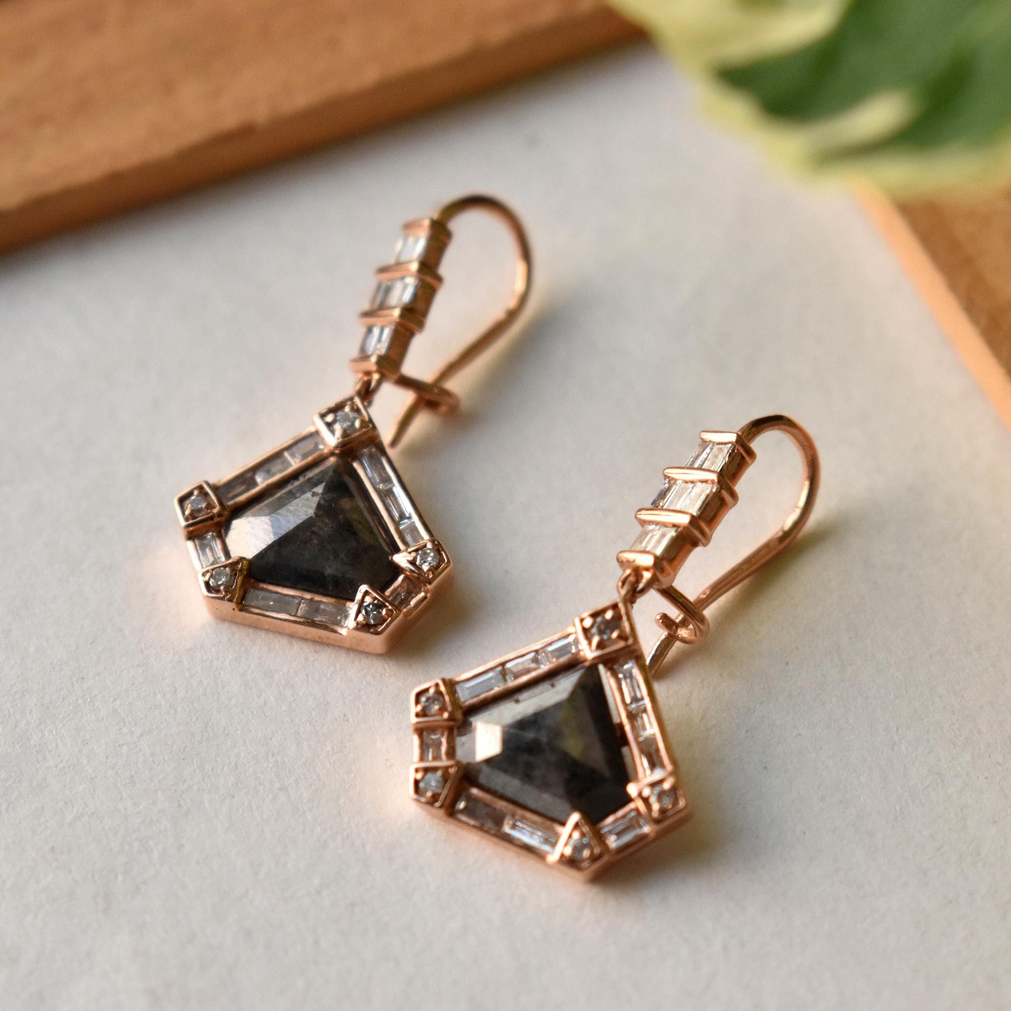 Natural Gray RoseCut Diamond Dangle Earrings