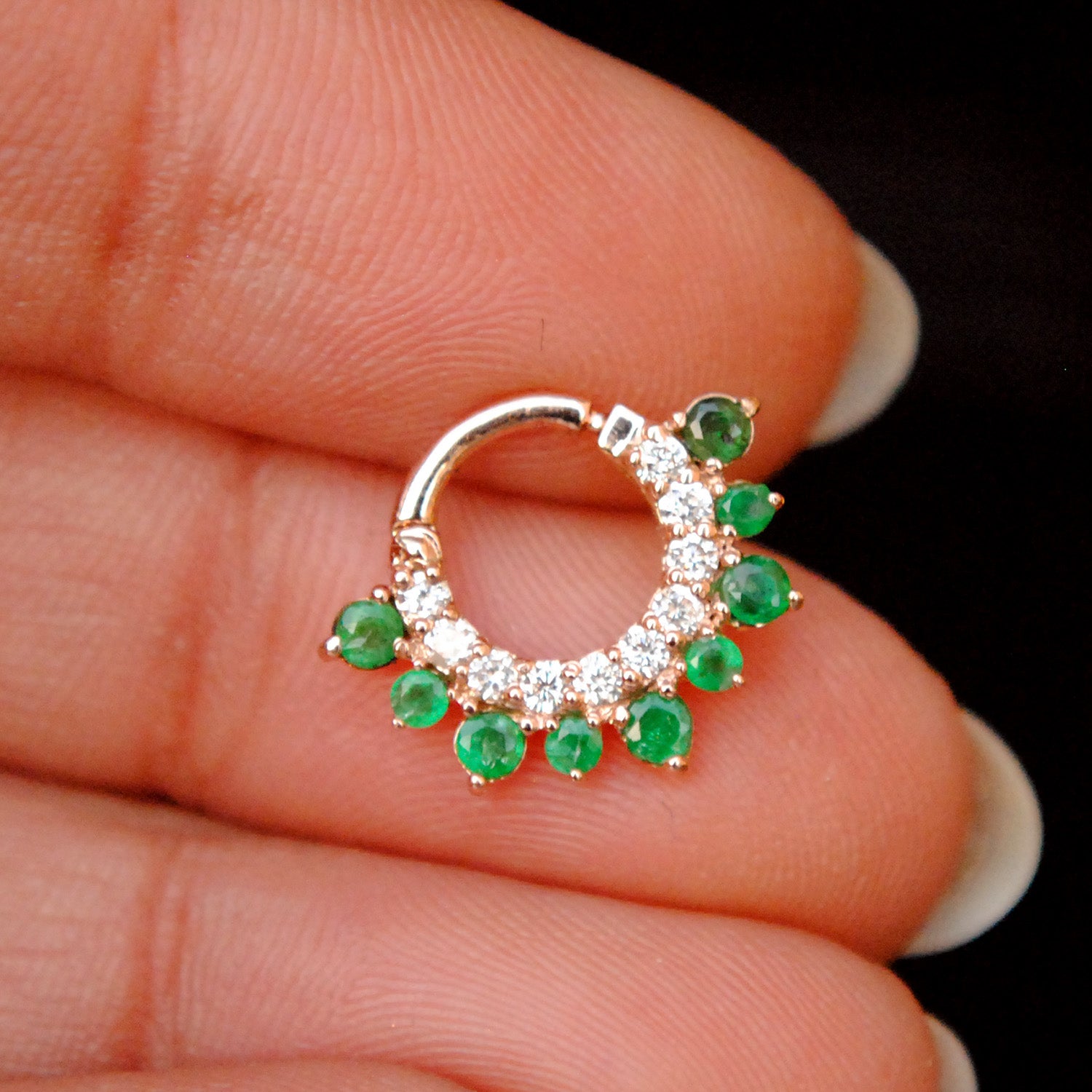 6-13mm Green Emerald & Diamond Clicker Ring