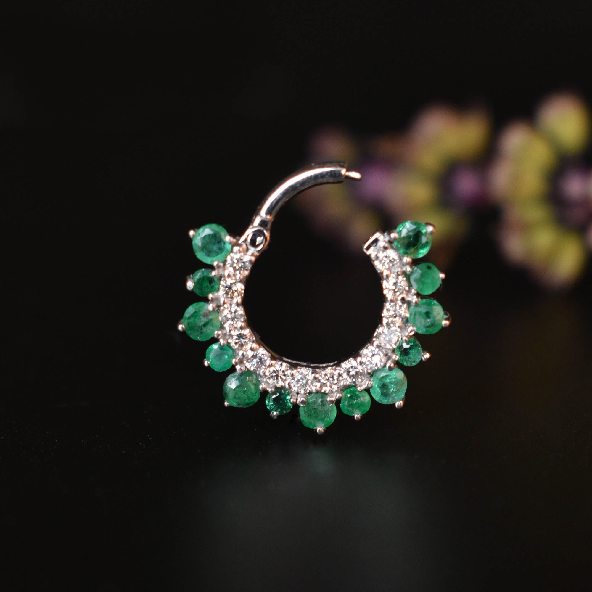 6-13mm Green Emerald & Diamond Clicker Ring