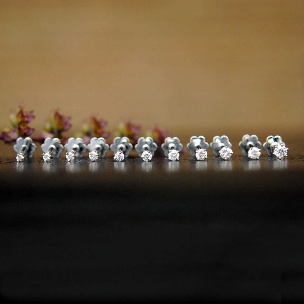 14K Solid Gold 16g Externally Threaded Flatback Diamond Stud