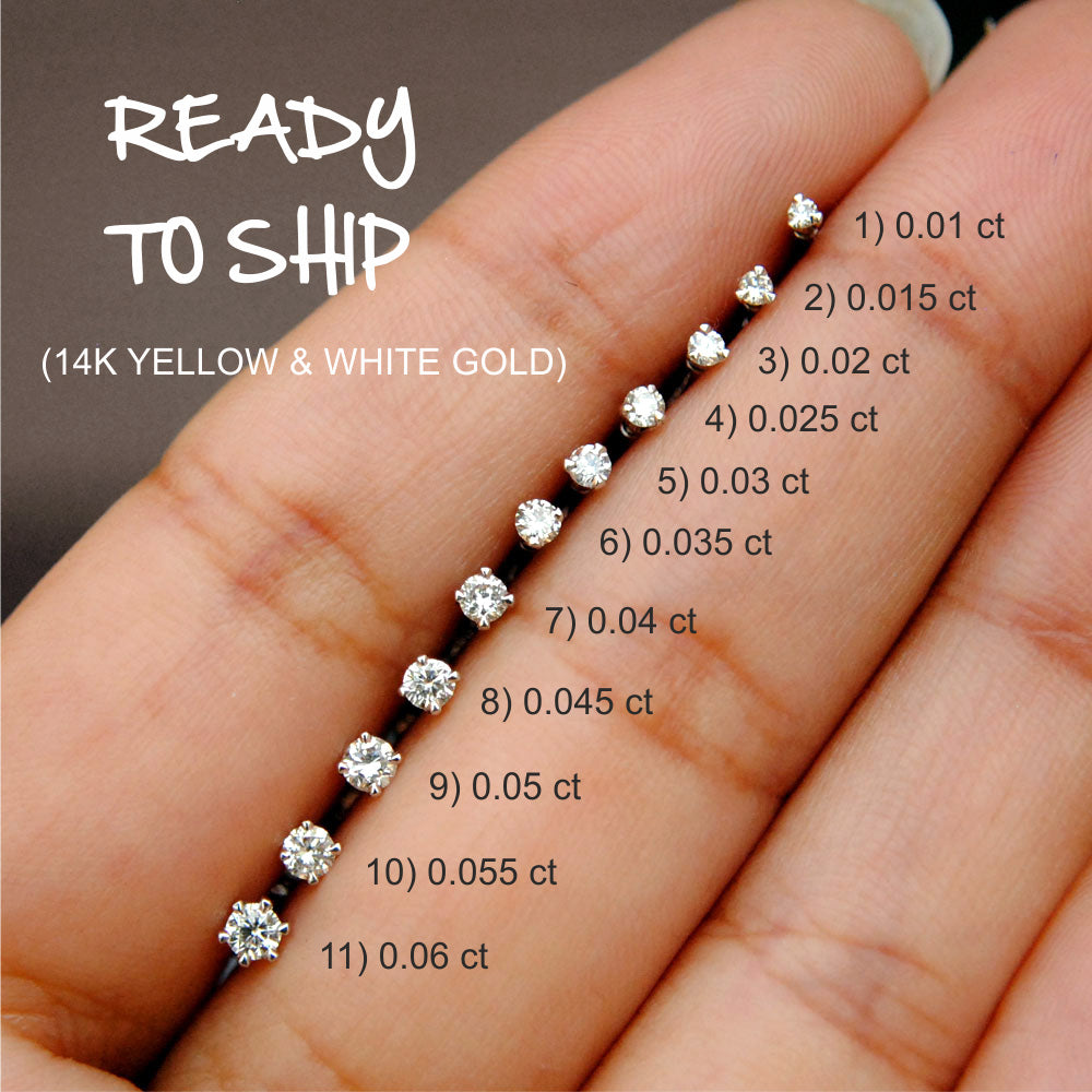 14K Solid Gold 16g Externally Threaded Flatback Diamond Stud