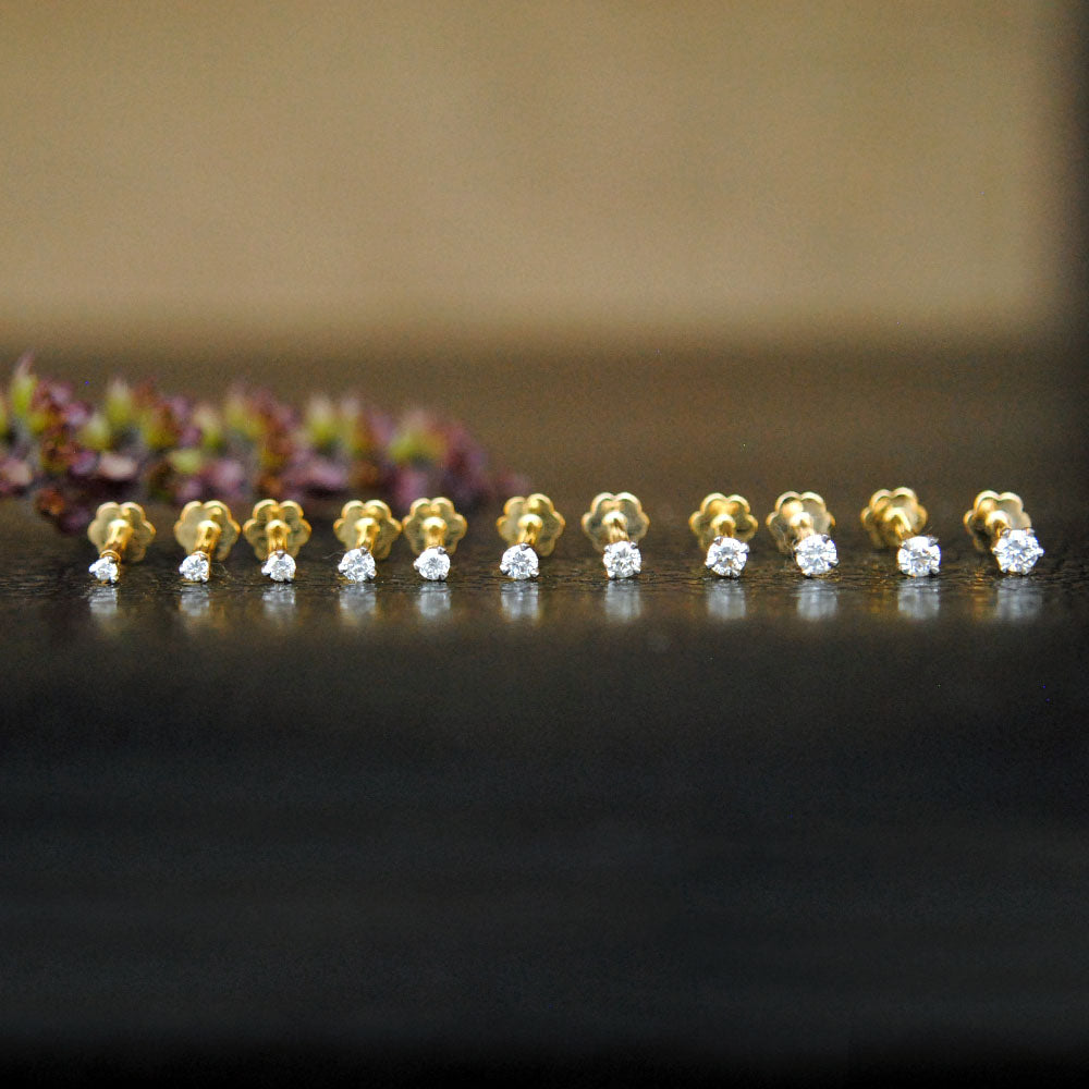 16g Internally Threaded Flatback Diamond Stud, 14k Gold