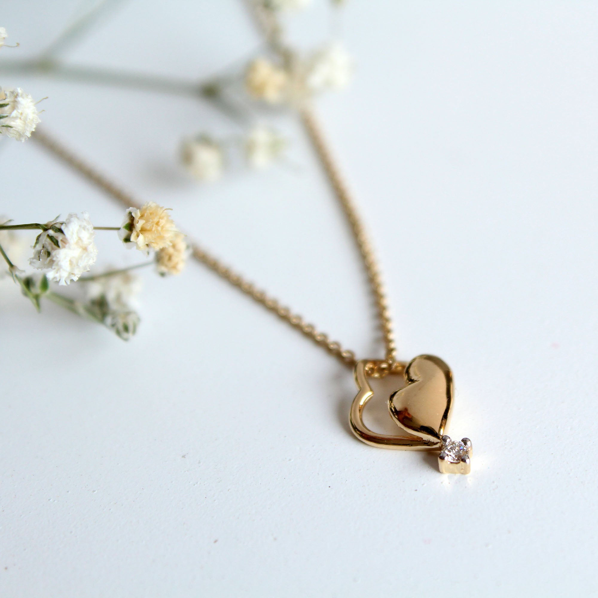 Tiny Twin Heart Pendant Necklace in 14K Solid Gold and Natural Diamond
