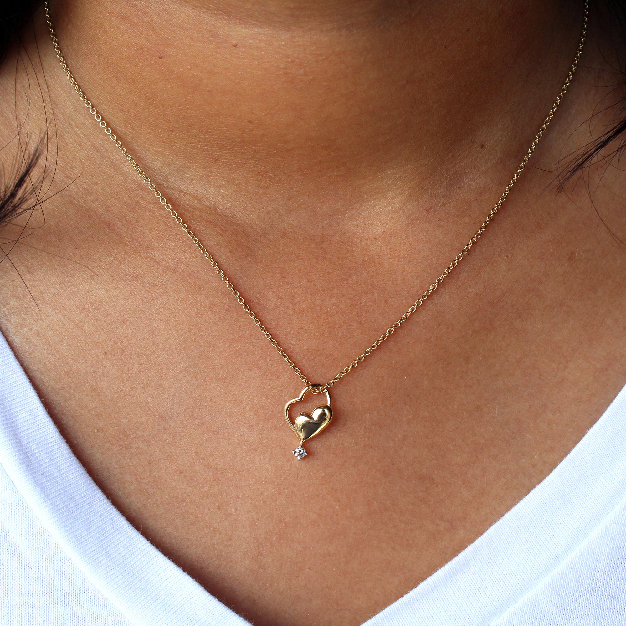 Tiny Twin Heart Pendant Necklace in 14K Solid Gold and Natural Diamond