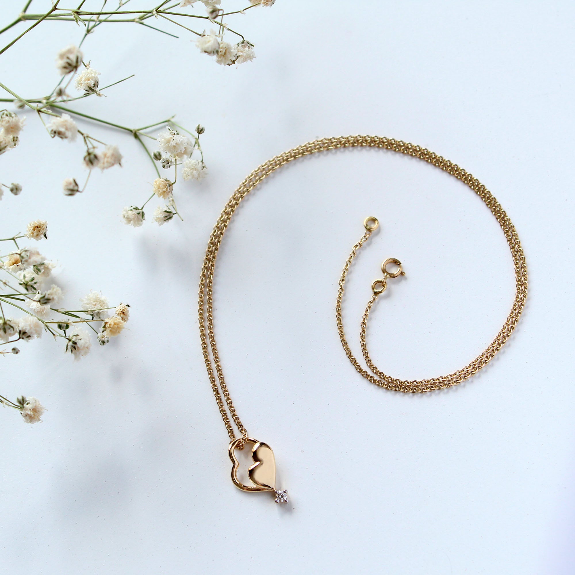 Tiny Twin Heart Pendant Necklace in 14K Solid Gold and Natural Diamond
