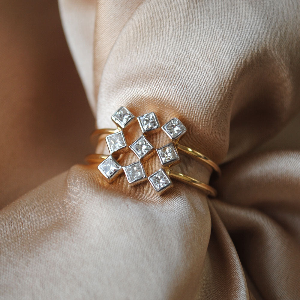 Square Geometric Grid Princess Cut Diamond Cluster Statement Ring