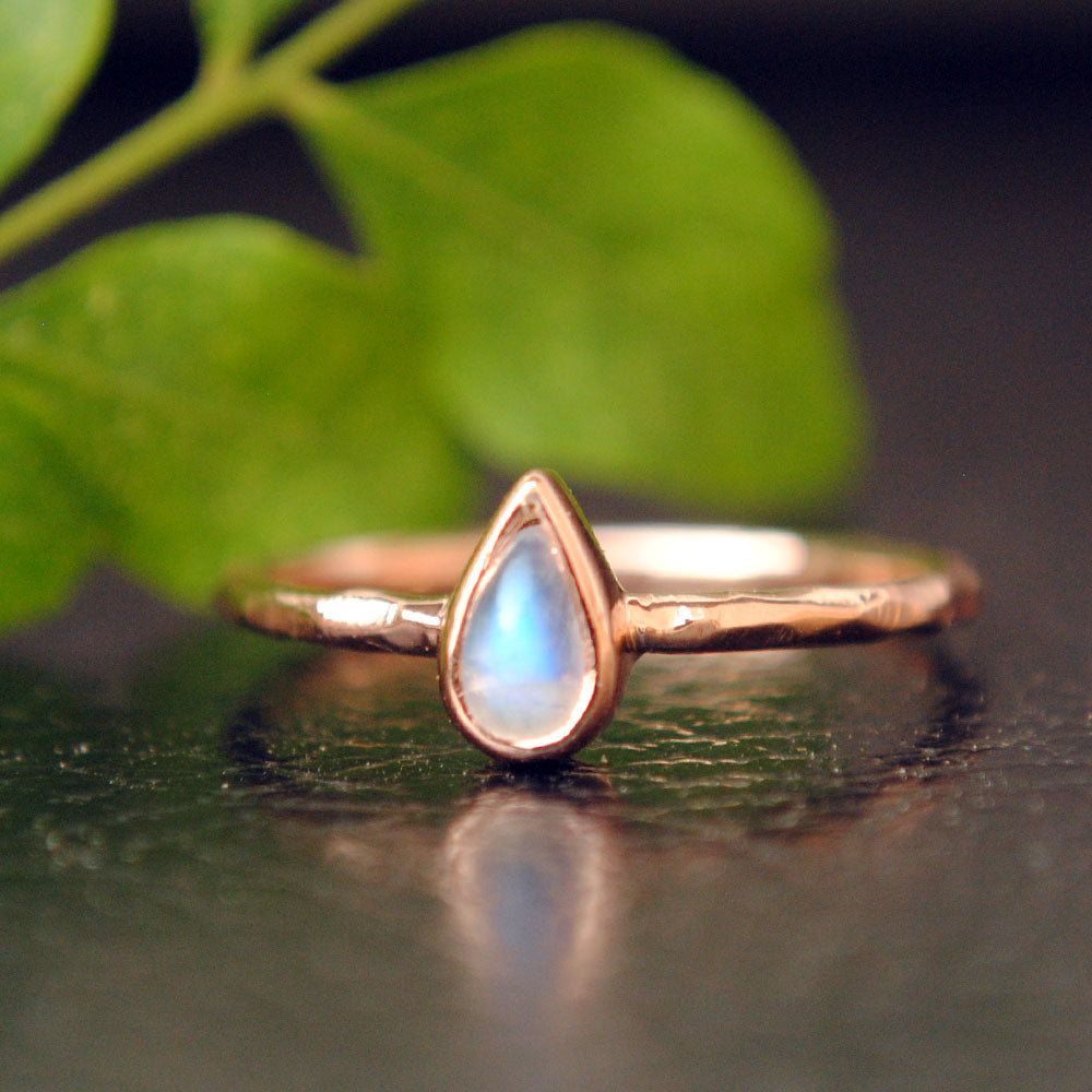 Bezel Pear Moonstone Ring with Smooth and Hammered Band