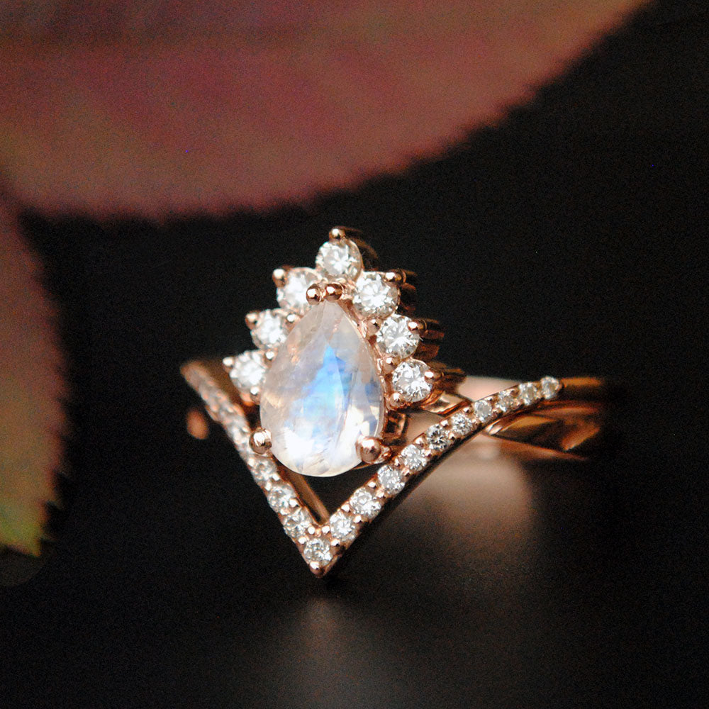 INTERLOCKING Pear Moonstone & Diamond Wedding Ring Set