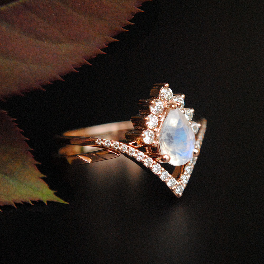 INTERLOCKING Pear Moonstone & Diamond Wedding Ring Set