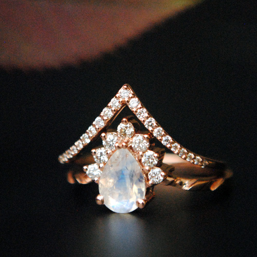 INTERLOCKING Pear Moonstone & Diamond Wedding Ring Set