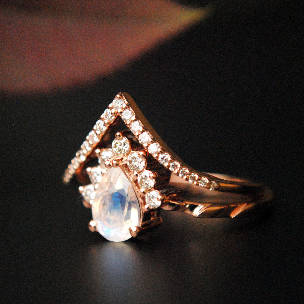 INTERLOCKING Pear Moonstone & Diamond Wedding Ring Set