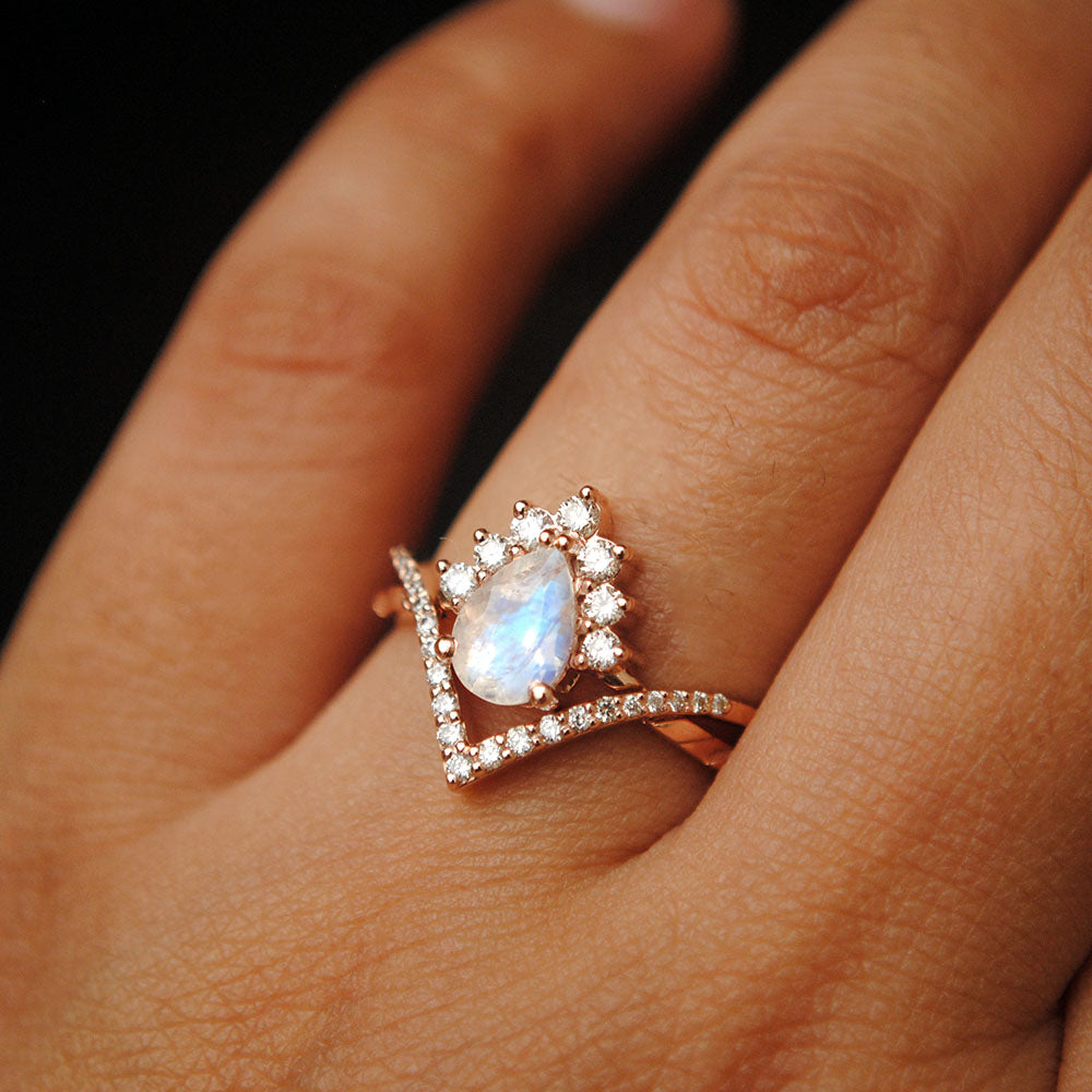 INTERLOCKING Pear Moonstone & Diamond Wedding Ring Set