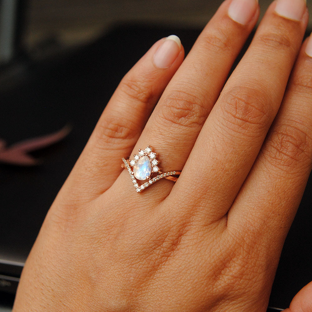 INTERLOCKING Pear Moonstone & Diamond Wedding Ring Set